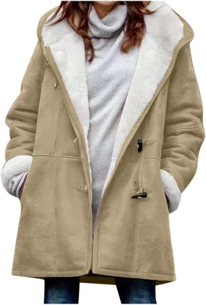 Dademeo Faux Suede Jacket for Women Oversized Fleece Lined Hooded Overcoat Jacket Winter Button Up Long Sleeve Outerwear