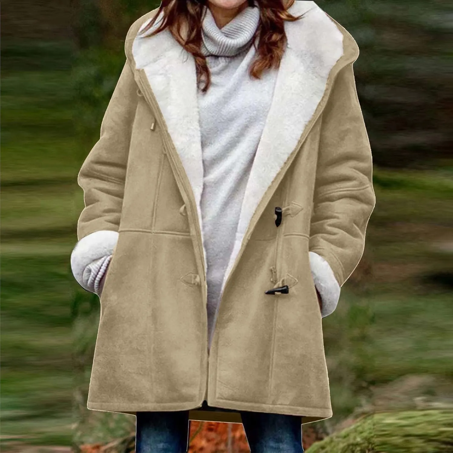 Dademeo Faux Suede Jacket for Women Oversized Fleece Lined Hooded Overcoat Jacket Winter Button Up Long Sleeve Outerwear