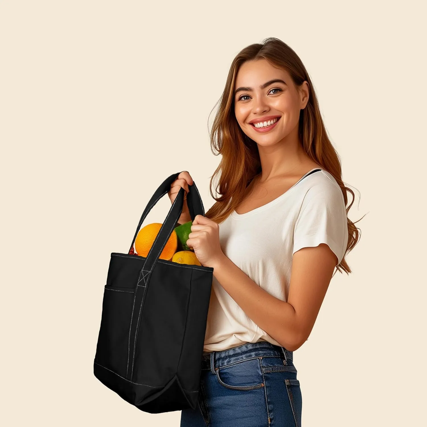 DALIX 20" Solid Color Cotton Canvas Shopping Tote Bag in Black-White