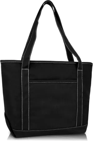 DALIX 20" Solid Color Cotton Canvas Shopping Tote Bag in Black-White