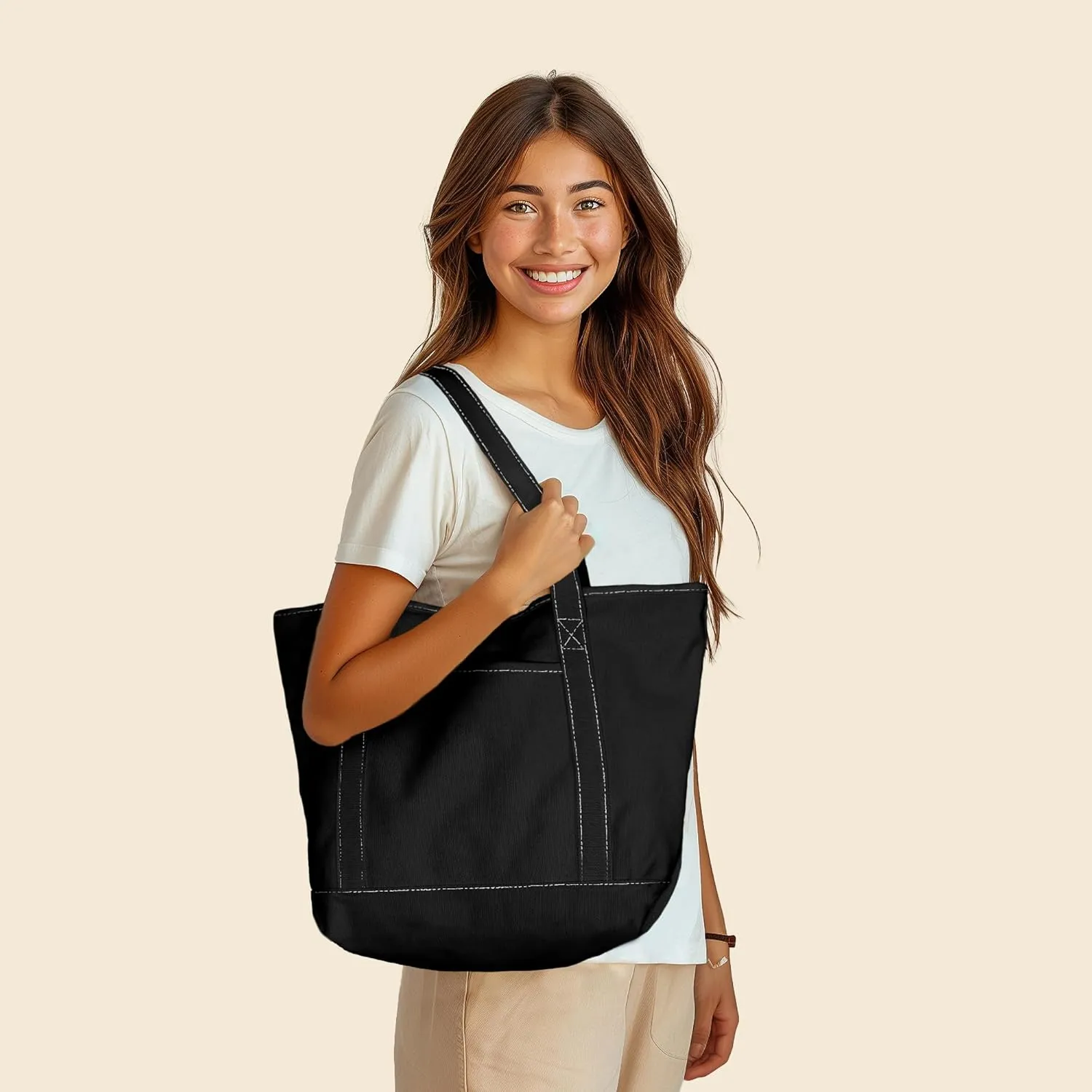 DALIX 20" Solid Color Cotton Canvas Shopping Tote Bag in Black-White