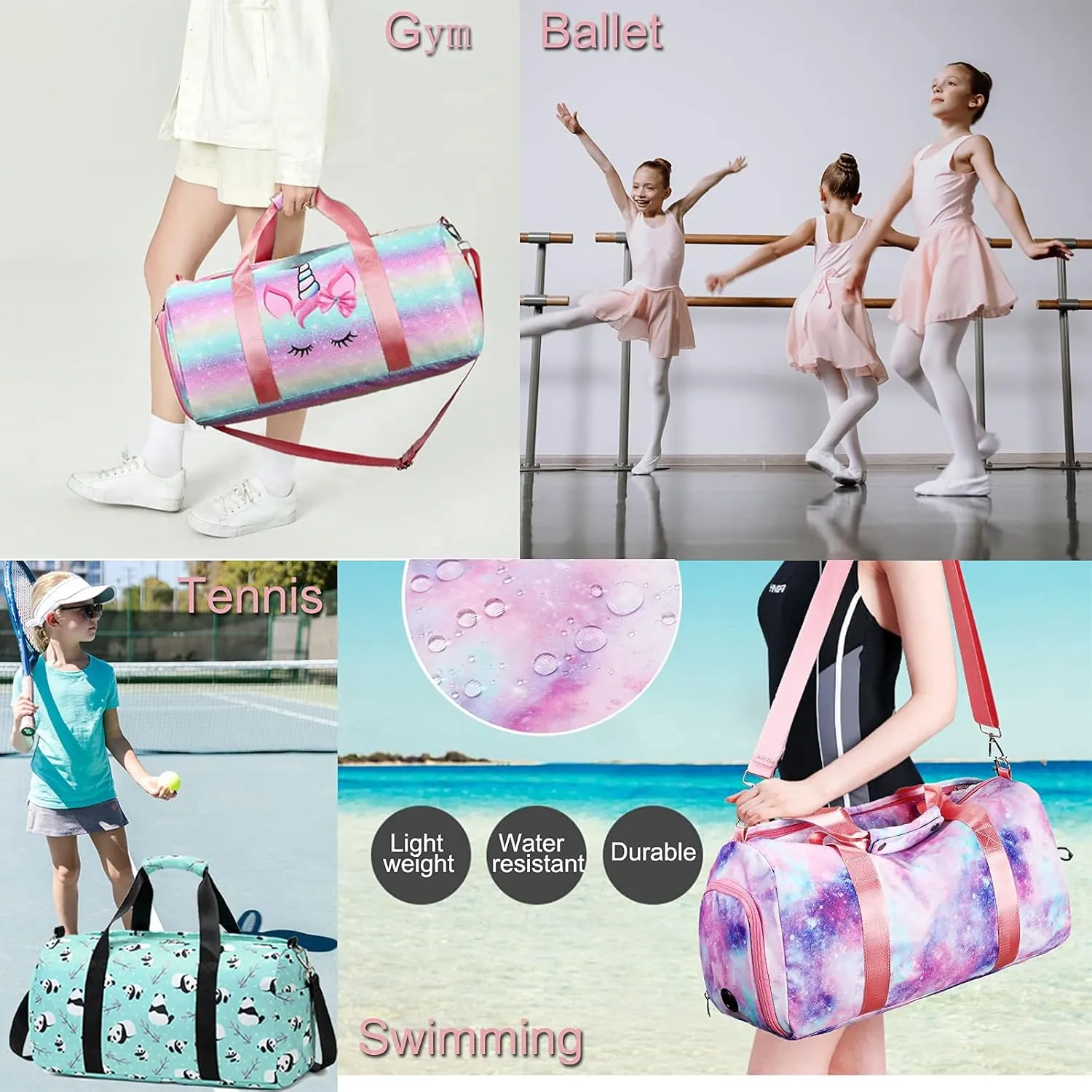Dance Duffle Bag Girls Unicorn Kids Sports Gym Bag with Shoe Compartment & Wet Pocket Sleepover Overnight Weekender Travel Bag