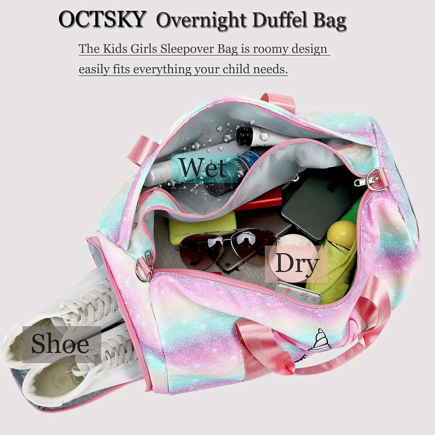 Dance Duffle Bag Girls Unicorn Kids Sports Gym Bag with Shoe Compartment & Wet Pocket Sleepover Overnight Weekender Travel Bag