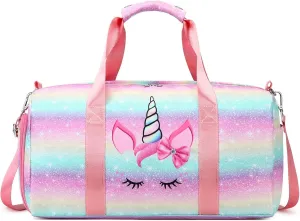 Dance Duffle Bag Girls Unicorn Kids Sports Gym Bag with Shoe Compartment & Wet Pocket Sleepover Overnight Weekender Travel Bag