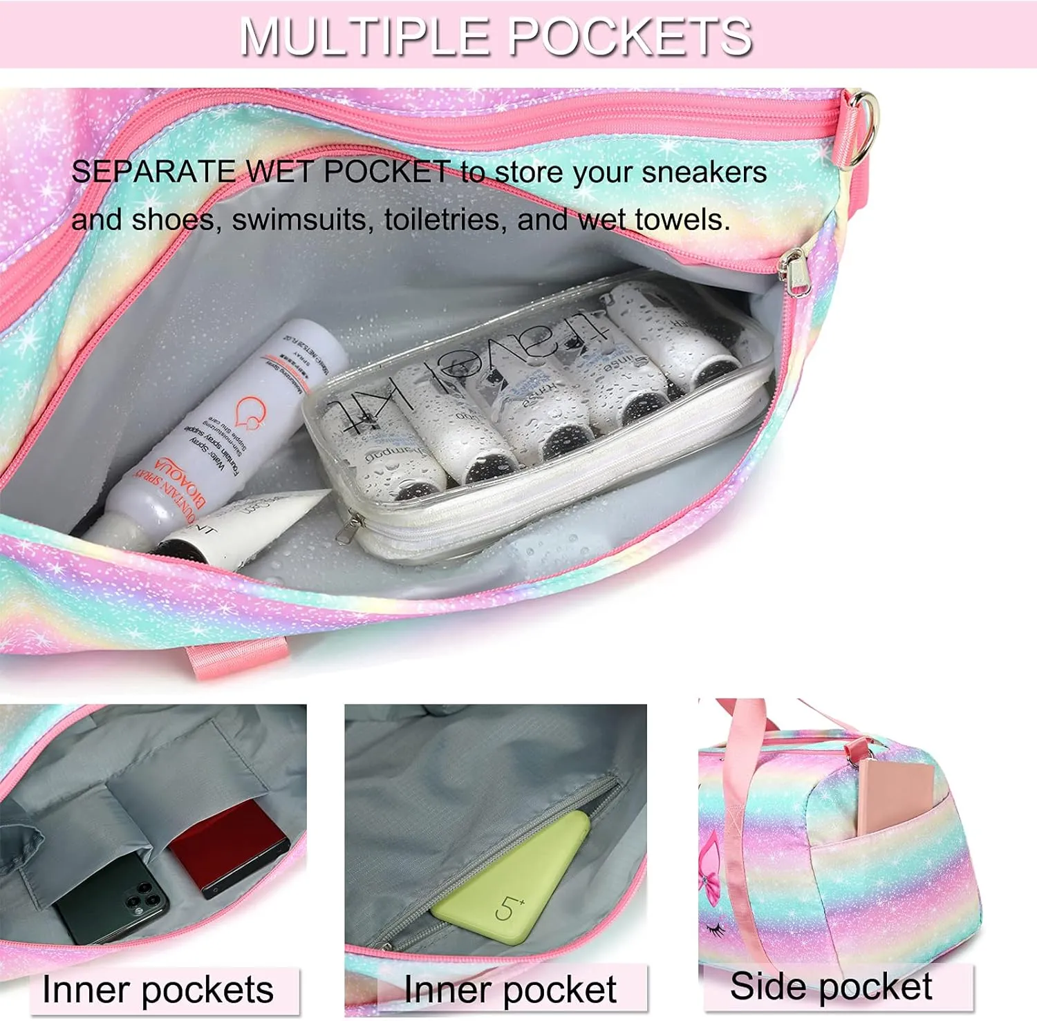 Dance Duffle Bag Girls Unicorn Kids Sports Gym Bag with Shoe Compartment & Wet Pocket Sleepover Overnight Weekender Travel Bag