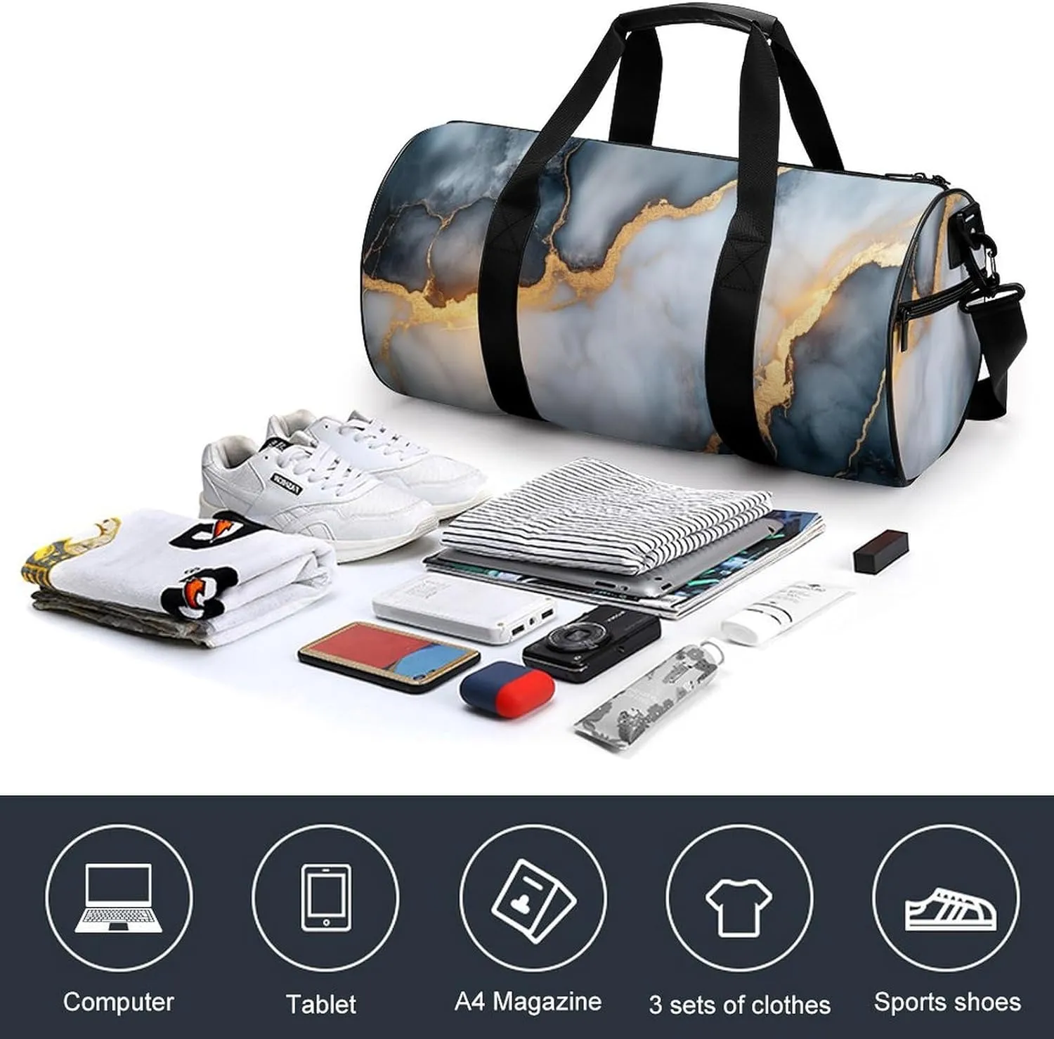 Dark Marble Texture with Gold Veins Travel Gym Bag for Women Men Cylindrical Duffle Bag Sport Workout Bag with Shoulder Strap
