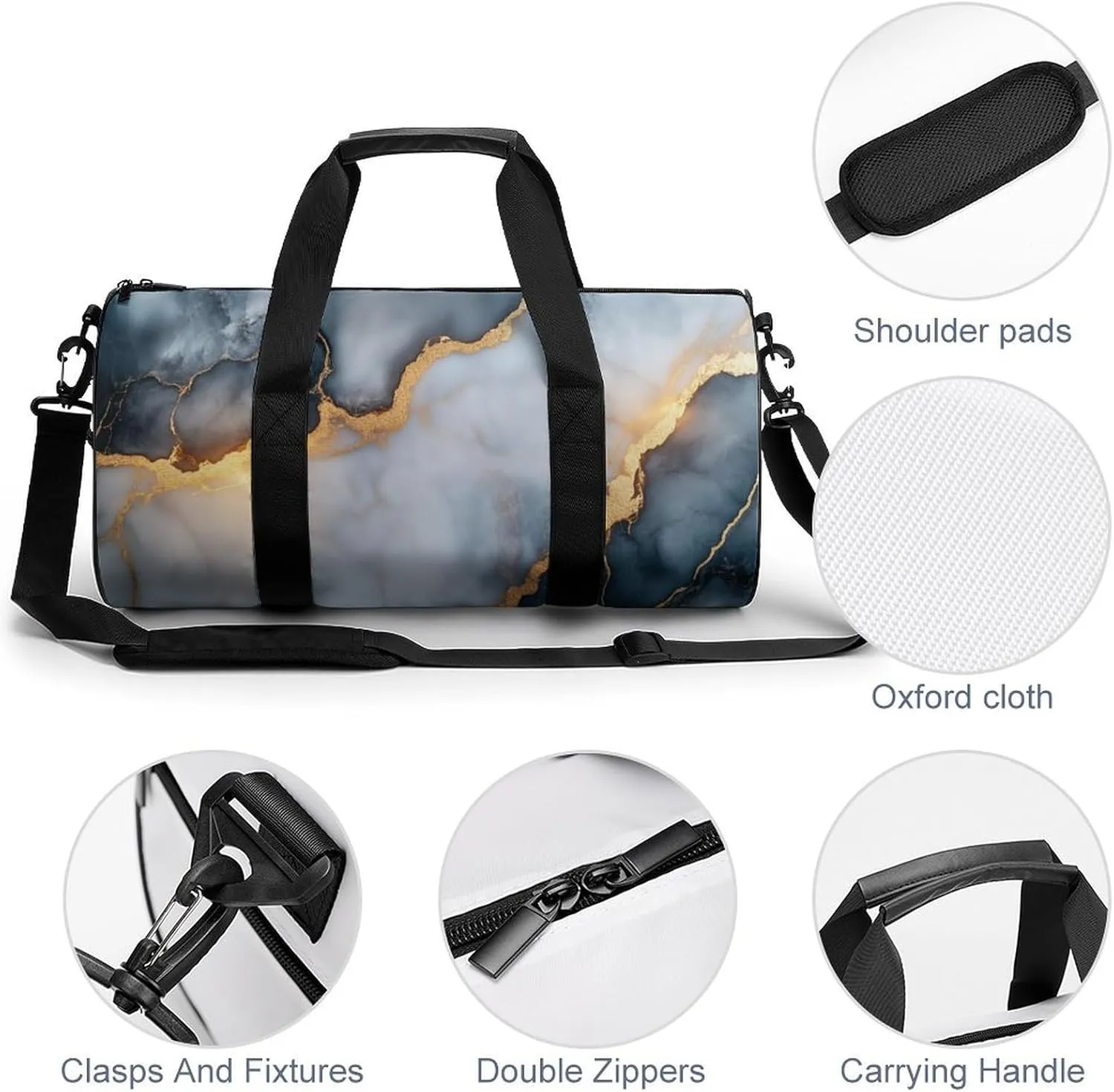 Dark Marble Texture with Gold Veins Travel Gym Bag for Women Men Cylindrical Duffle Bag Sport Workout Bag with Shoulder Strap