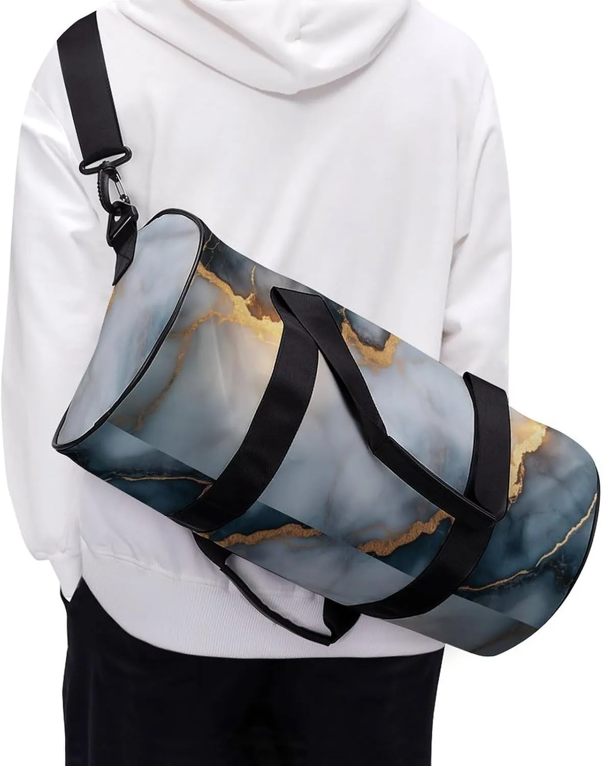 Dark Marble Texture with Gold Veins Travel Gym Bag for Women Men Cylindrical Duffle Bag Sport Workout Bag with Shoulder Strap