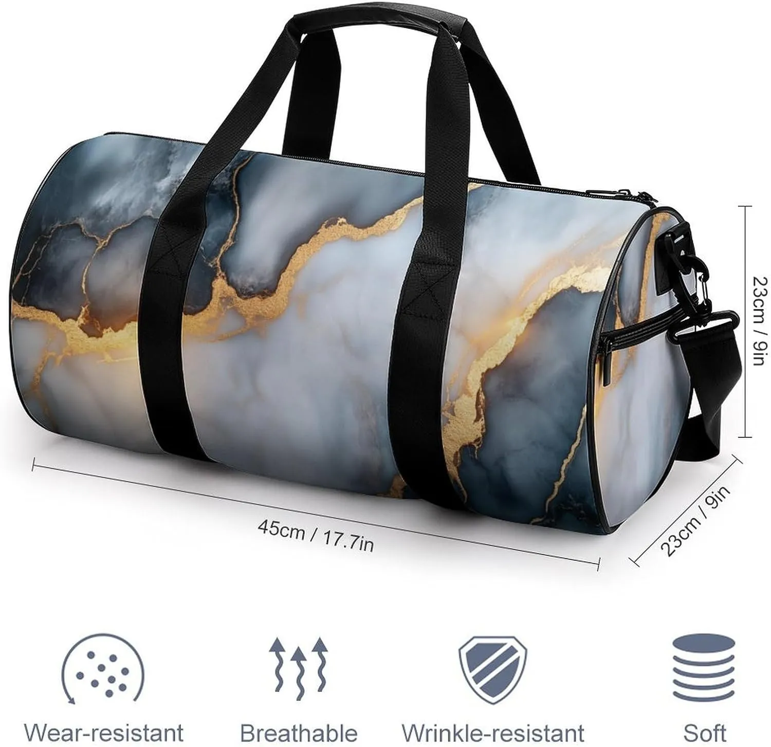 Dark Marble Texture with Gold Veins Travel Gym Bag for Women Men Cylindrical Duffle Bag Sport Workout Bag with Shoulder Strap