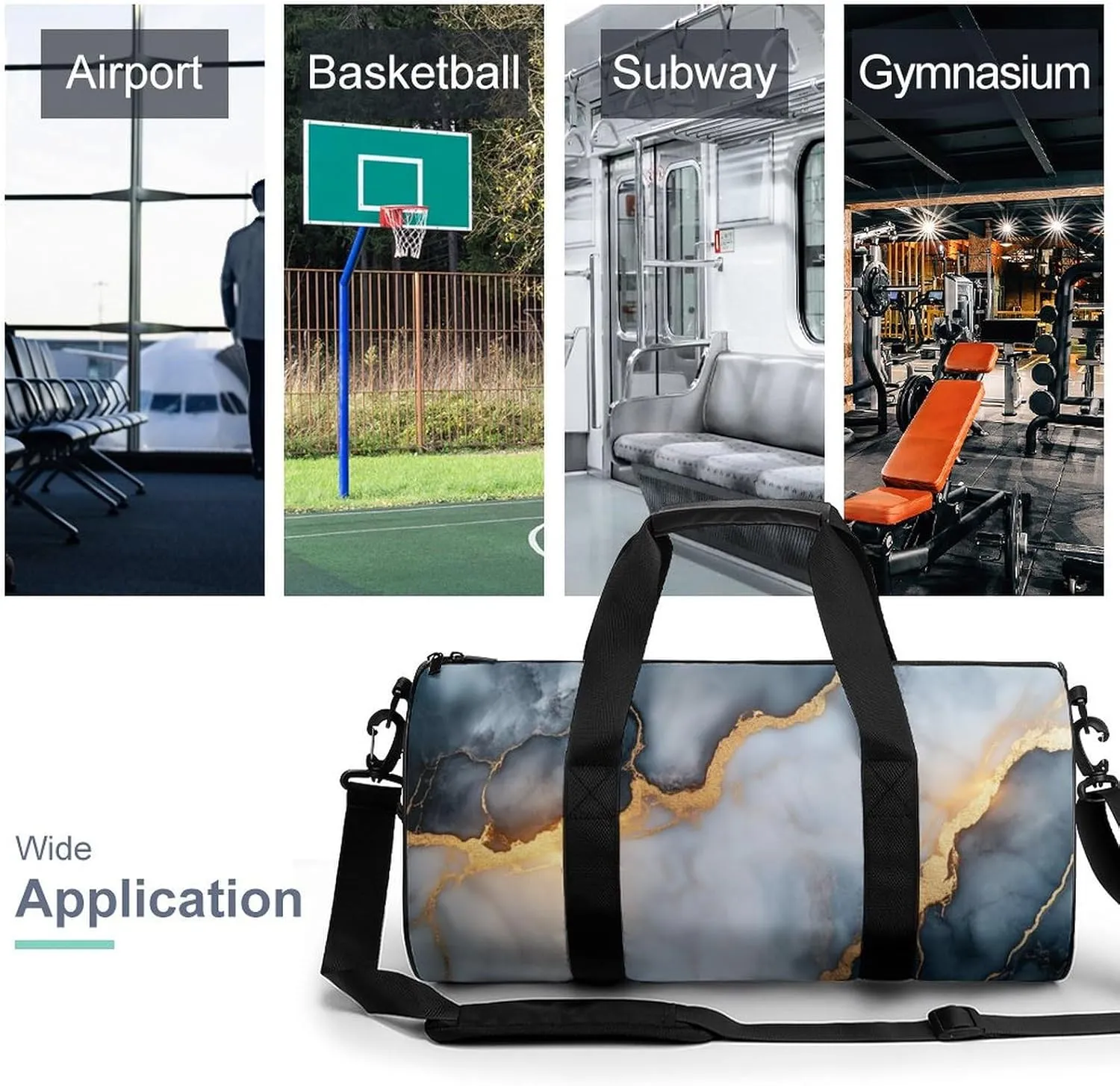 Dark Marble Texture with Gold Veins Travel Gym Bag for Women Men Cylindrical Duffle Bag Sport Workout Bag with Shoulder Strap