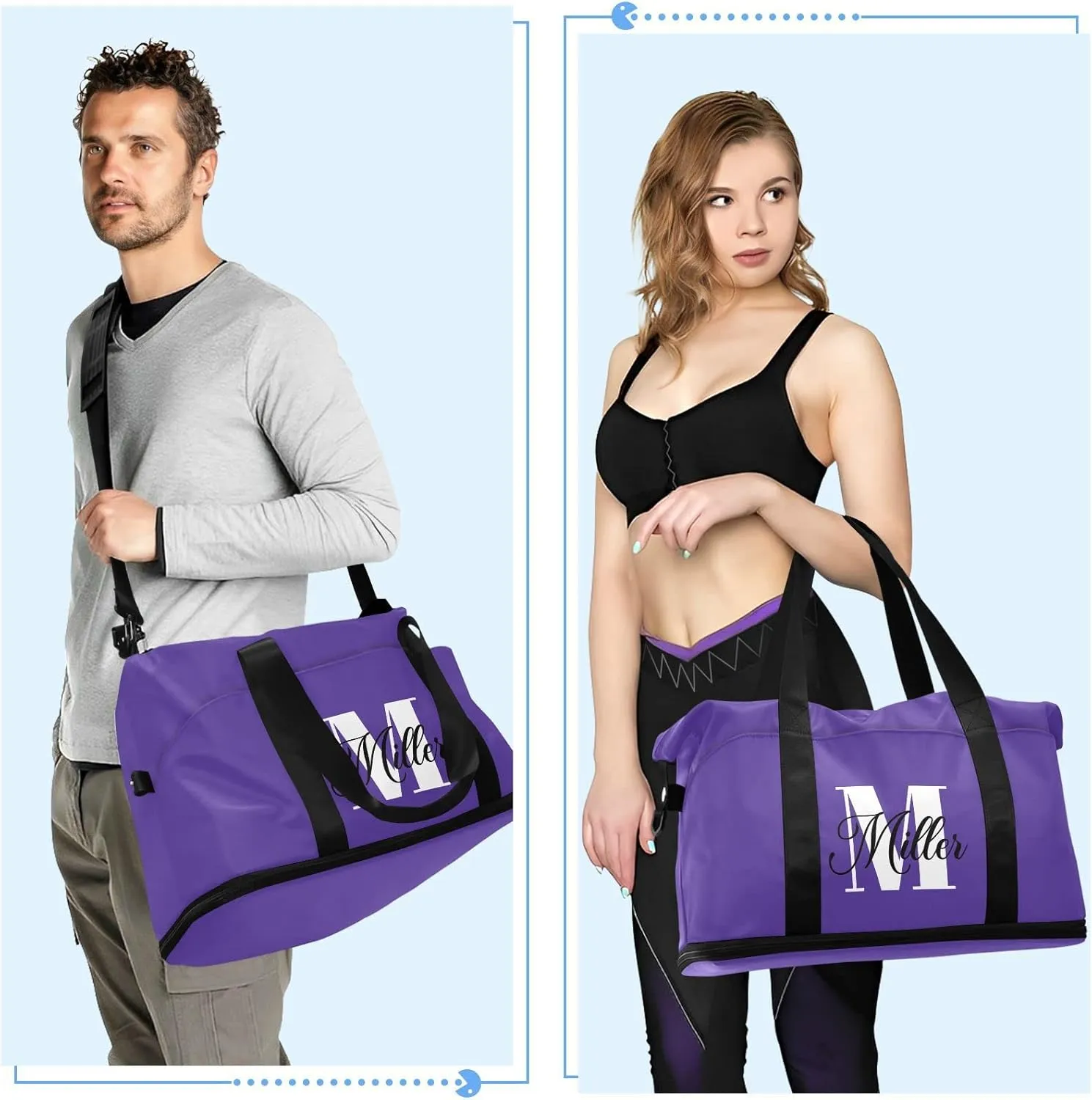 Dark Purple Custom Travel Duffel Bag for Women Men Gym Bag with Shoe Compartment Wet Pocket Personalized Carry On Weekender Overnight Bags for Airline Travel Under Seat