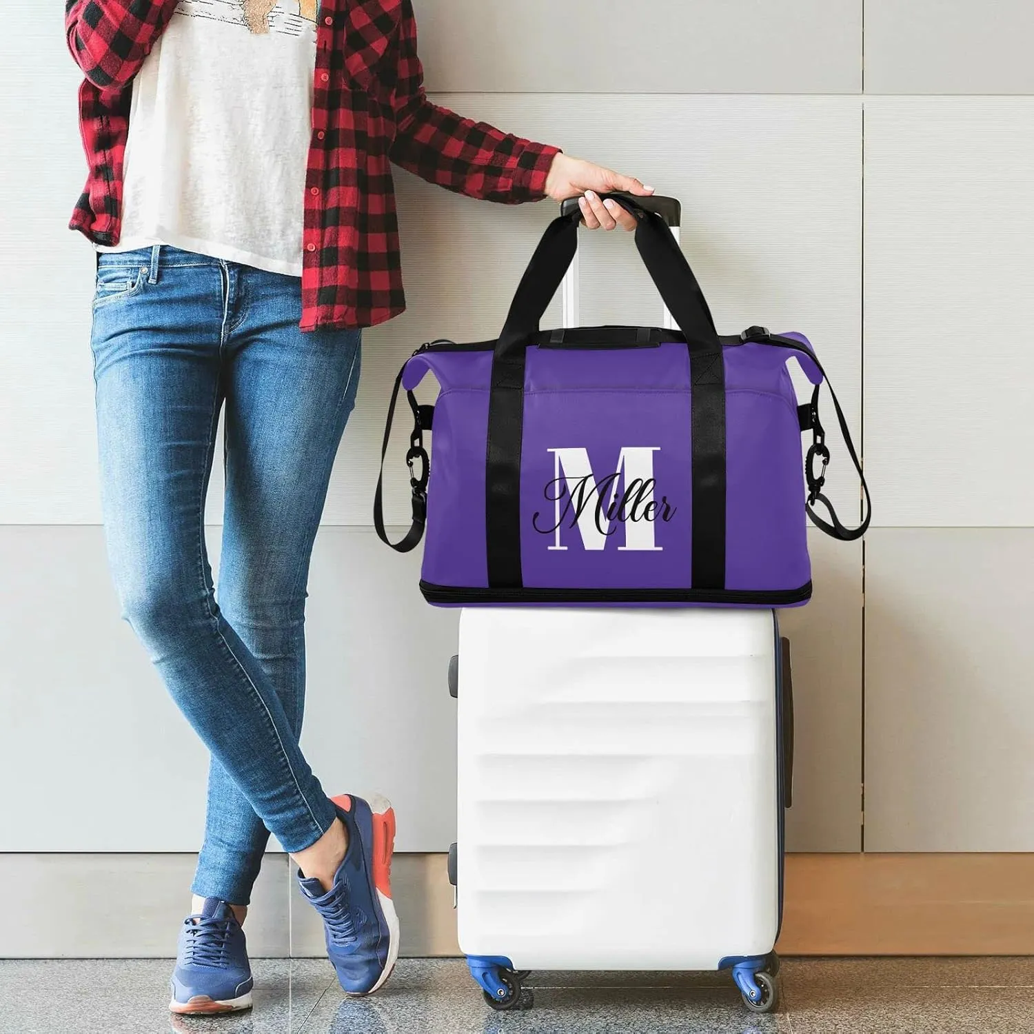 Dark Purple Custom Travel Duffel Bag for Women Men Gym Bag with Shoe Compartment Wet Pocket Personalized Carry On Weekender Overnight Bags for Airline Travel Under Seat