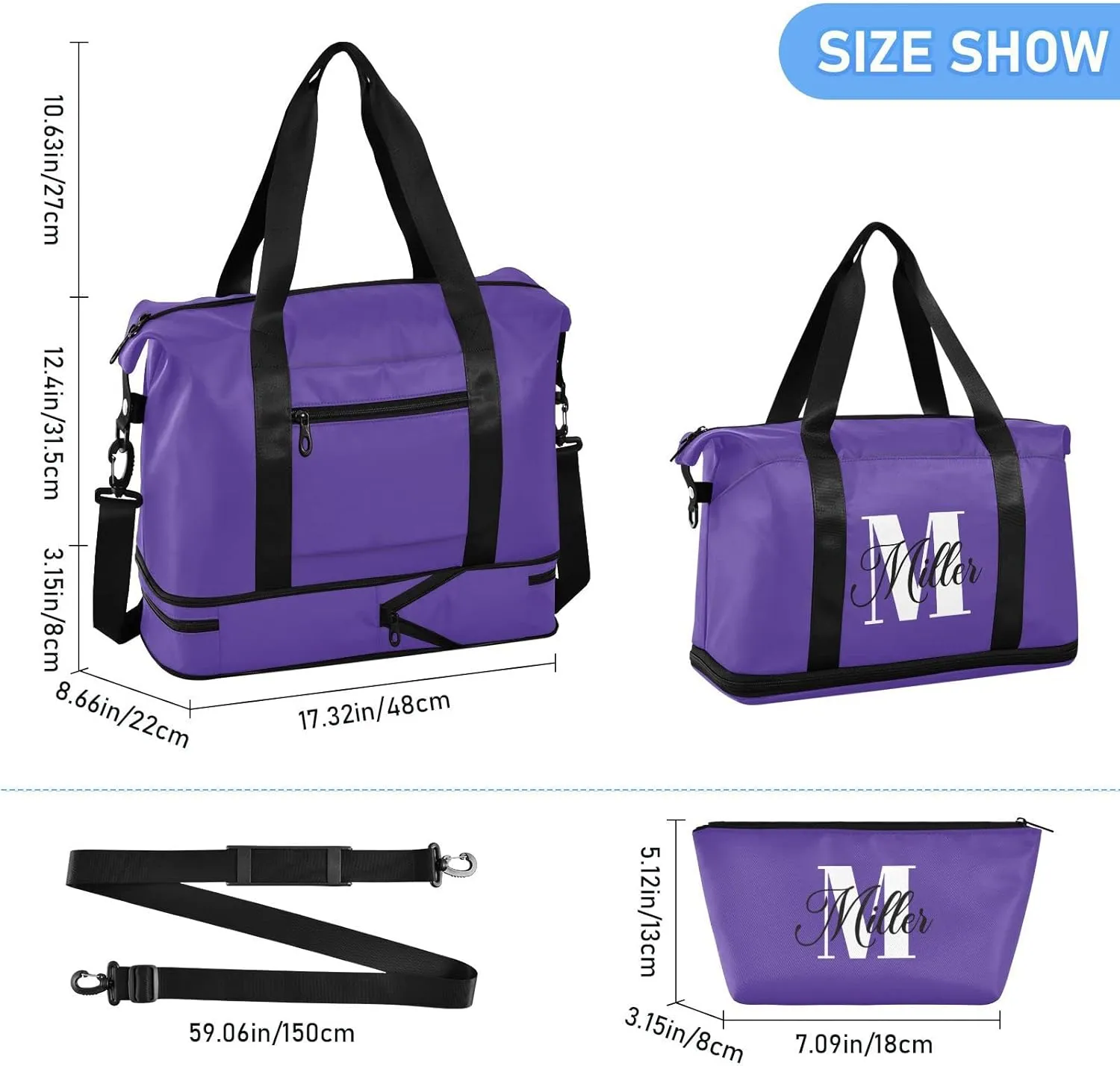 Dark Purple Custom Travel Duffel Bag for Women Men Gym Bag with Shoe Compartment Wet Pocket Personalized Carry On Weekender Overnight Bags for Airline Travel Under Seat