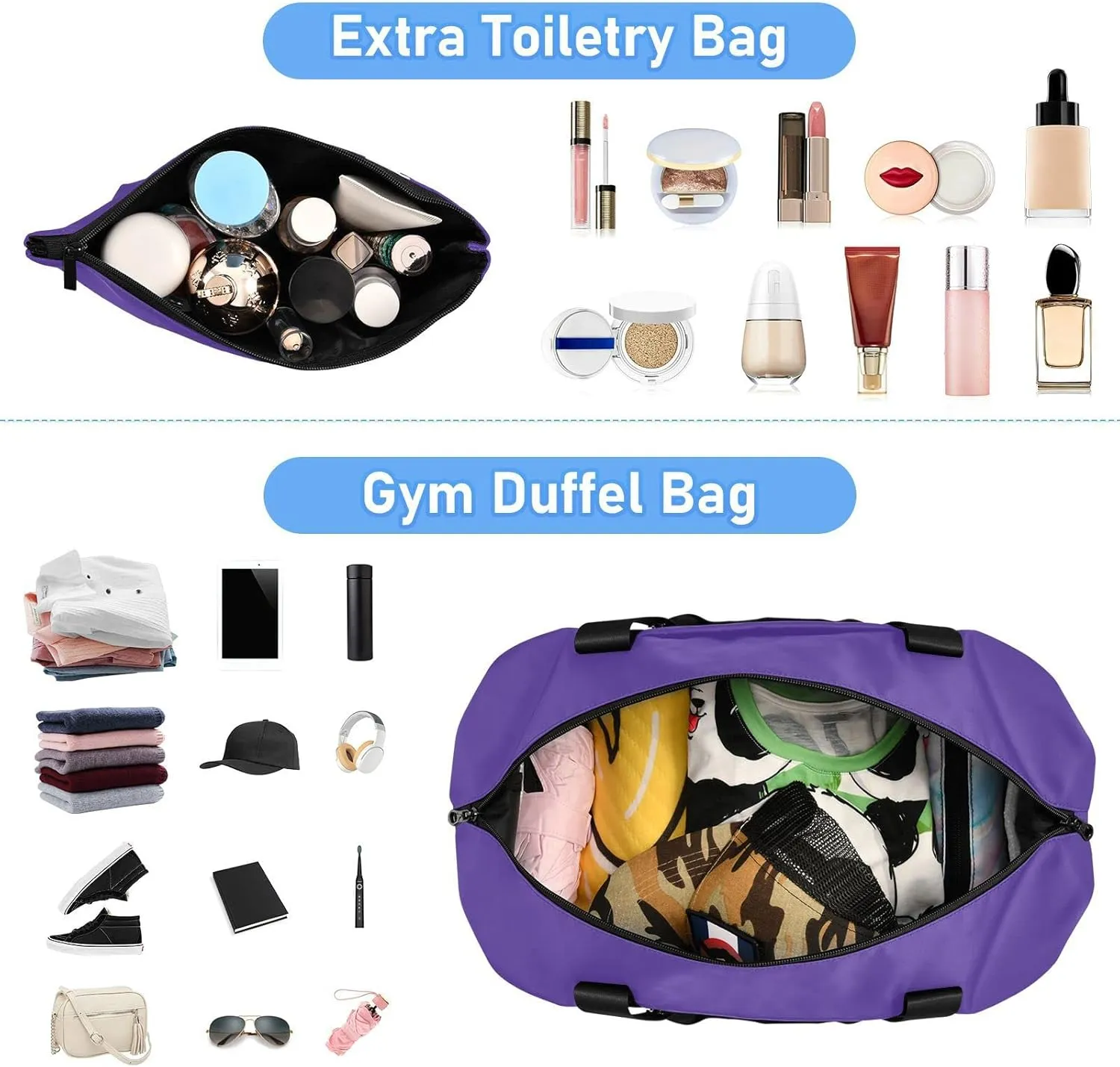 Dark Purple Custom Travel Duffel Bag for Women Men Gym Bag with Shoe Compartment Wet Pocket Personalized Carry On Weekender Overnight Bags for Airline Travel Under Seat