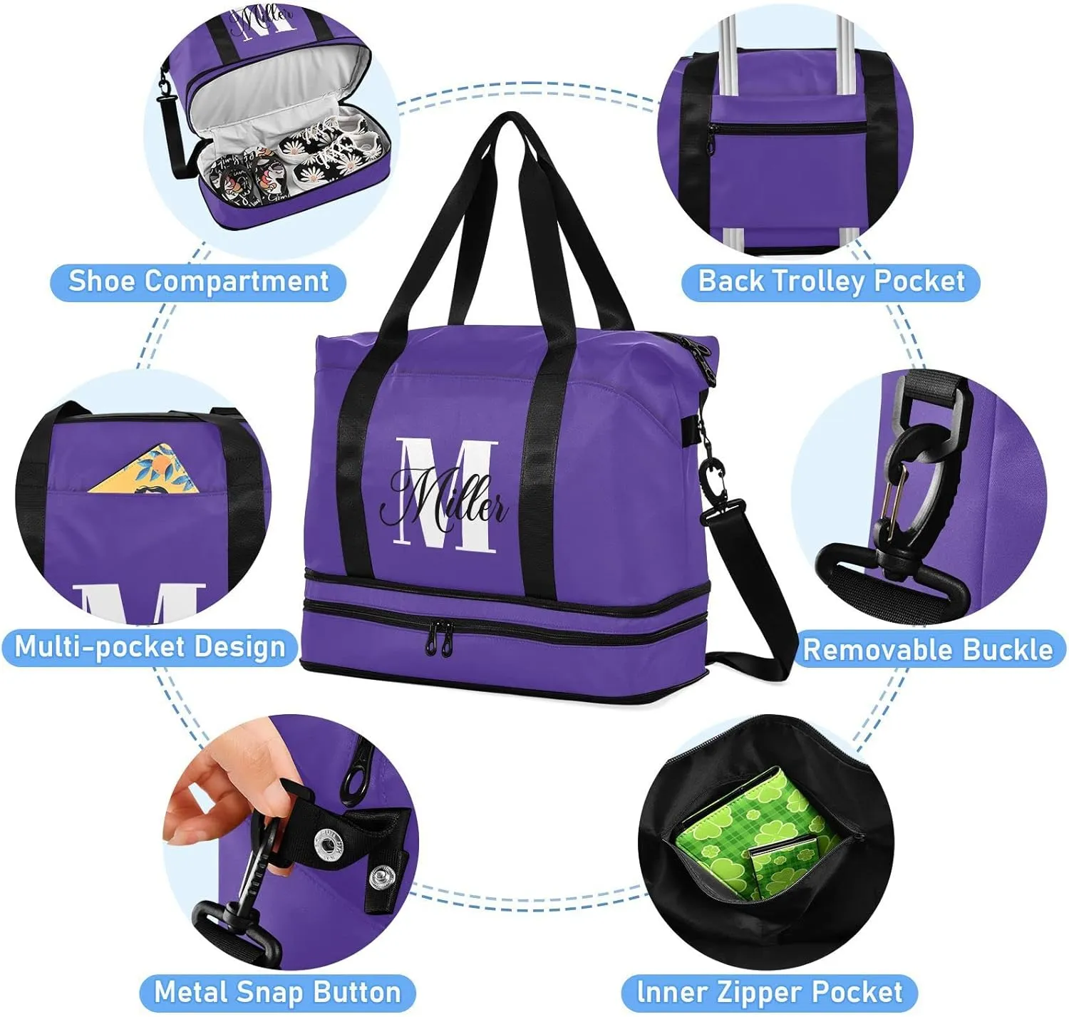 Dark Purple Custom Travel Duffel Bag for Women Men Gym Bag with Shoe Compartment Wet Pocket Personalized Carry On Weekender Overnight Bags for Airline Travel Under Seat