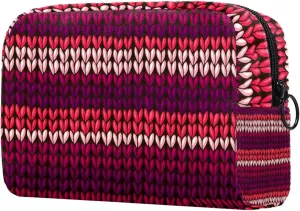 Dark Red Knit Stripe Pattern Small Makeup Bags for Women Teen Girls, Makeup Storage Bag with Zipper Accessories Organizer Bag for Travelling