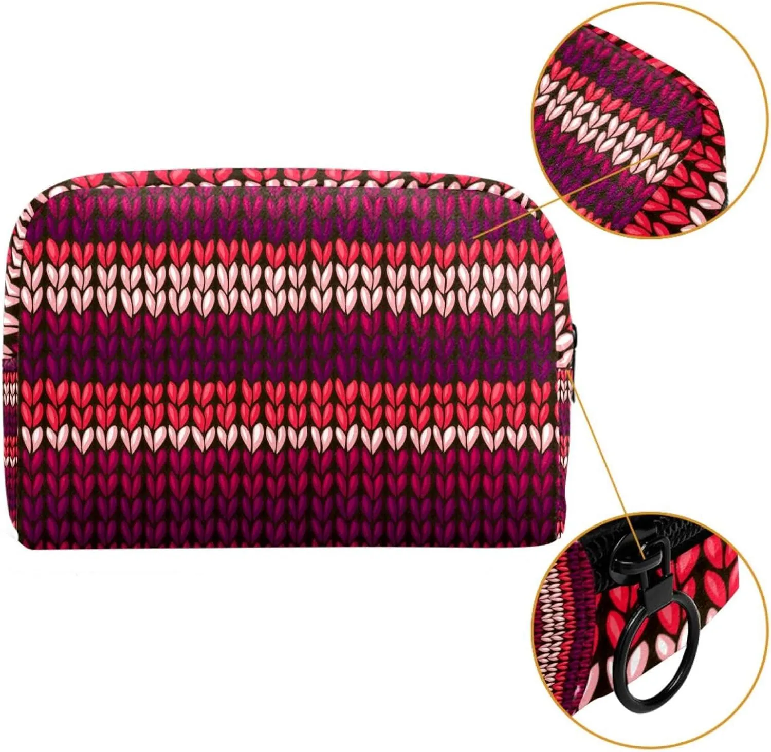 Dark Red Knit Stripe Pattern Small Makeup Bags for Women Teen Girls, Makeup Storage Bag with Zipper Accessories Organizer Bag for Travelling