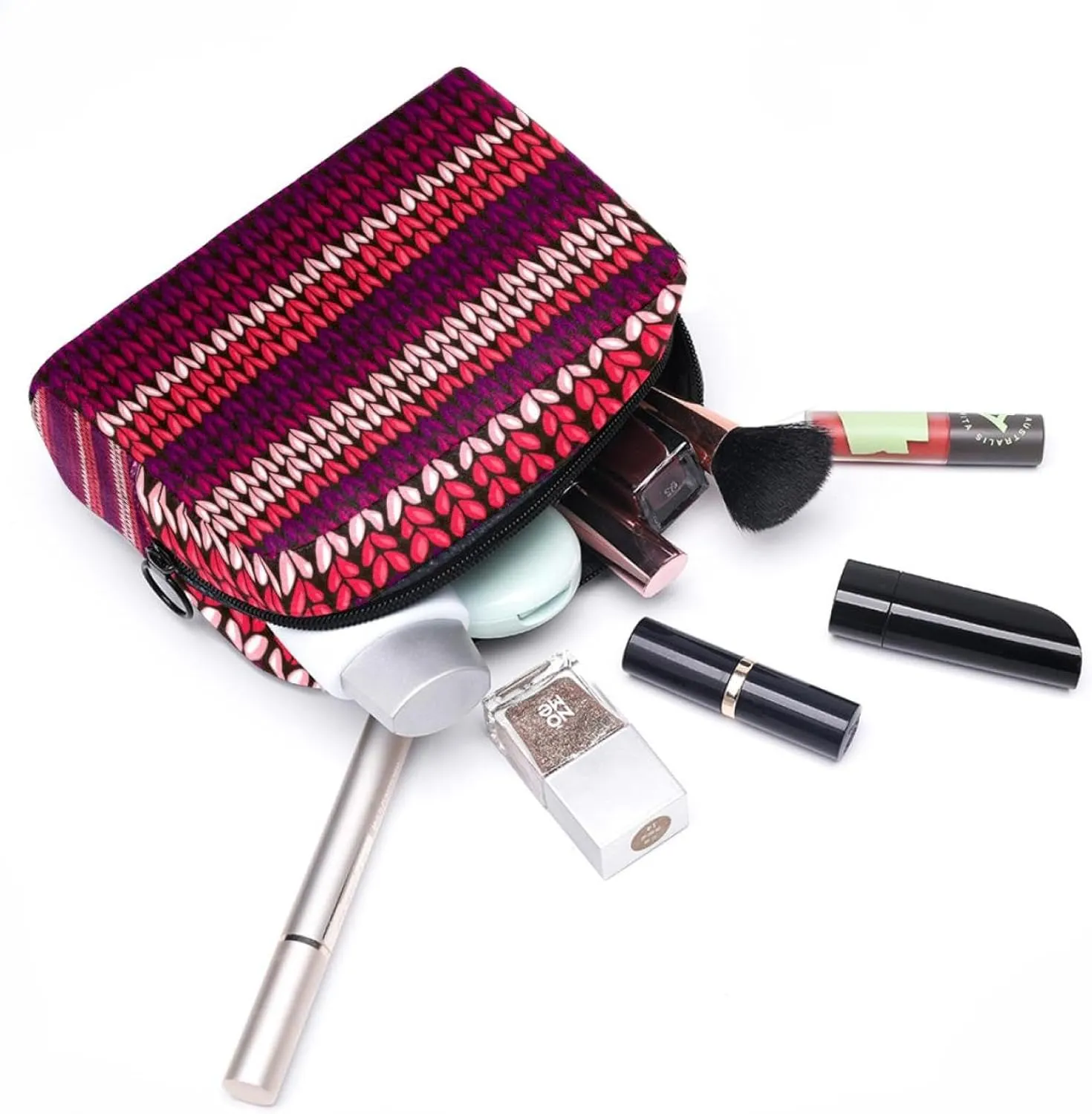 Dark Red Knit Stripe Pattern Small Makeup Bags for Women Teen Girls, Makeup Storage Bag with Zipper Accessories Organizer Bag for Travelling