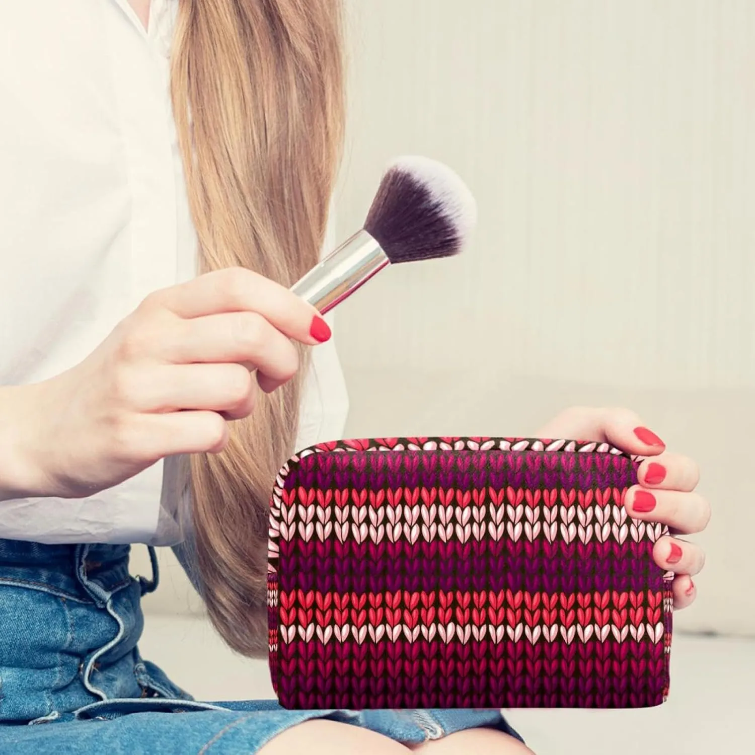 Dark Red Knit Stripe Pattern Small Makeup Bags for Women Teen Girls, Makeup Storage Bag with Zipper Accessories Organizer Bag for Travelling