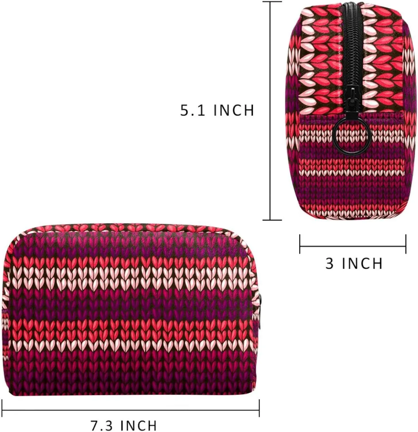 Dark Red Knit Stripe Pattern Small Makeup Bags for Women Teen Girls, Makeup Storage Bag with Zipper Accessories Organizer Bag for Travelling