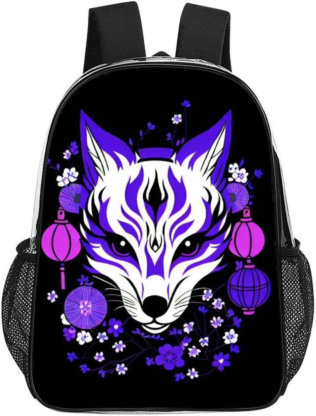 Daypack Bookbag Multipurpose Anti-Theft Big Capacity Carry On Bag - Japanese Kitsune Fox Magical Flowers Art Travel Hiking & Camping Rucksack Transparent Bag