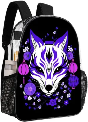 Daypack Bookbag Multipurpose Anti-Theft Big Capacity Carry On Bag - Japanese Kitsune Fox Magical Flowers Art Travel Hiking & Camping Rucksack Transparent Bag
