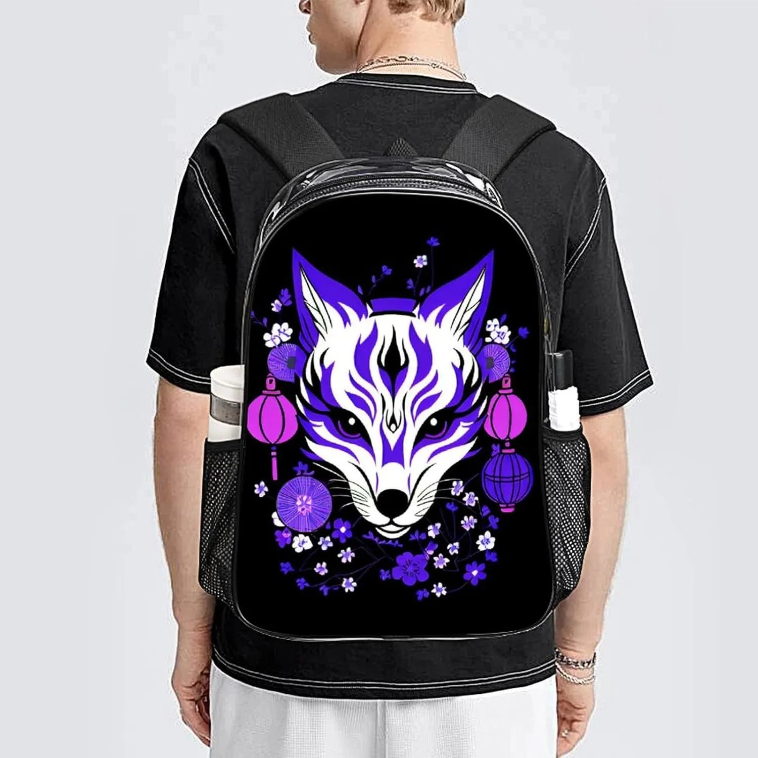Daypack Bookbag Multipurpose Anti-Theft Big Capacity Carry On Bag - Japanese Kitsune Fox Magical Flowers Art Travel Hiking & Camping Rucksack Transparent Bag