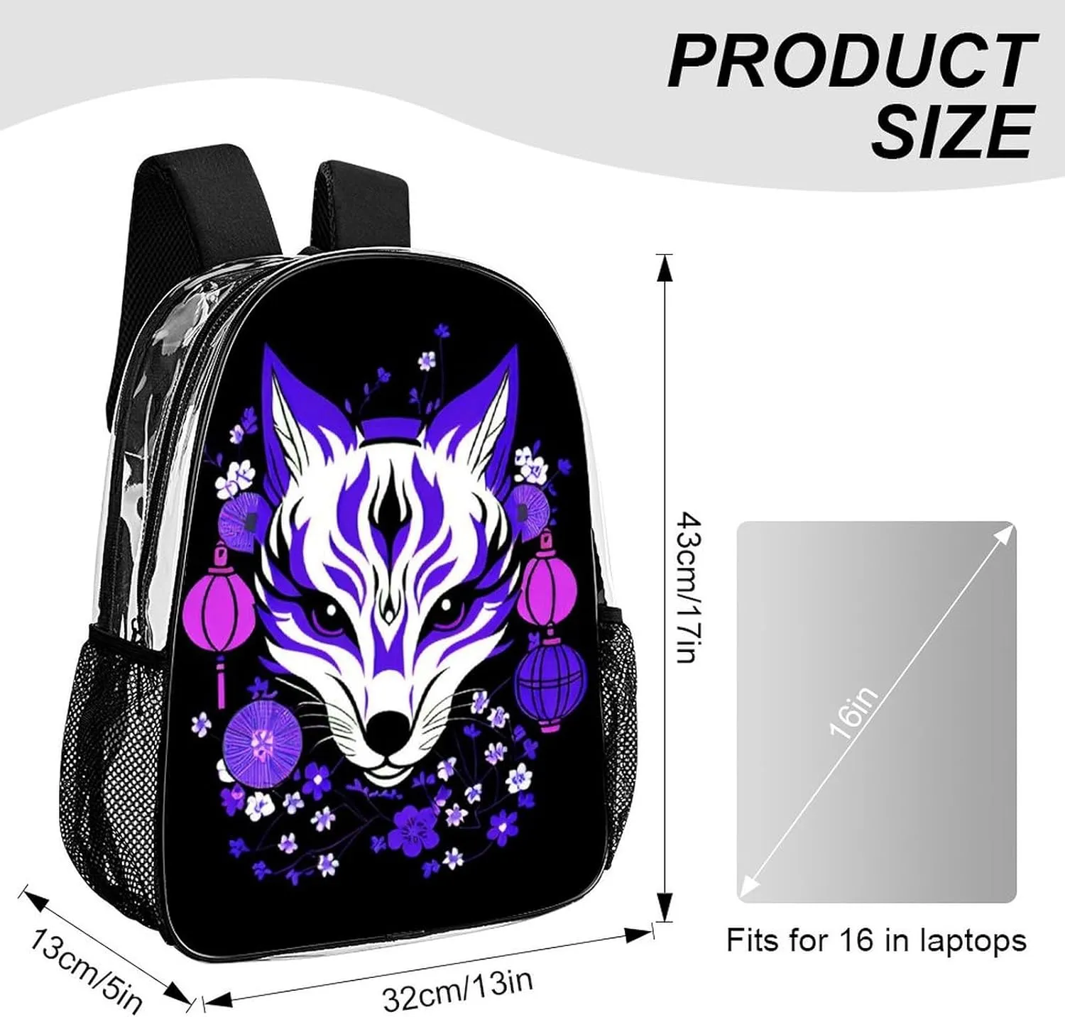 Daypack Bookbag Multipurpose Anti-Theft Big Capacity Carry On Bag - Japanese Kitsune Fox Magical Flowers Art Travel Hiking & Camping Rucksack Transparent Bag