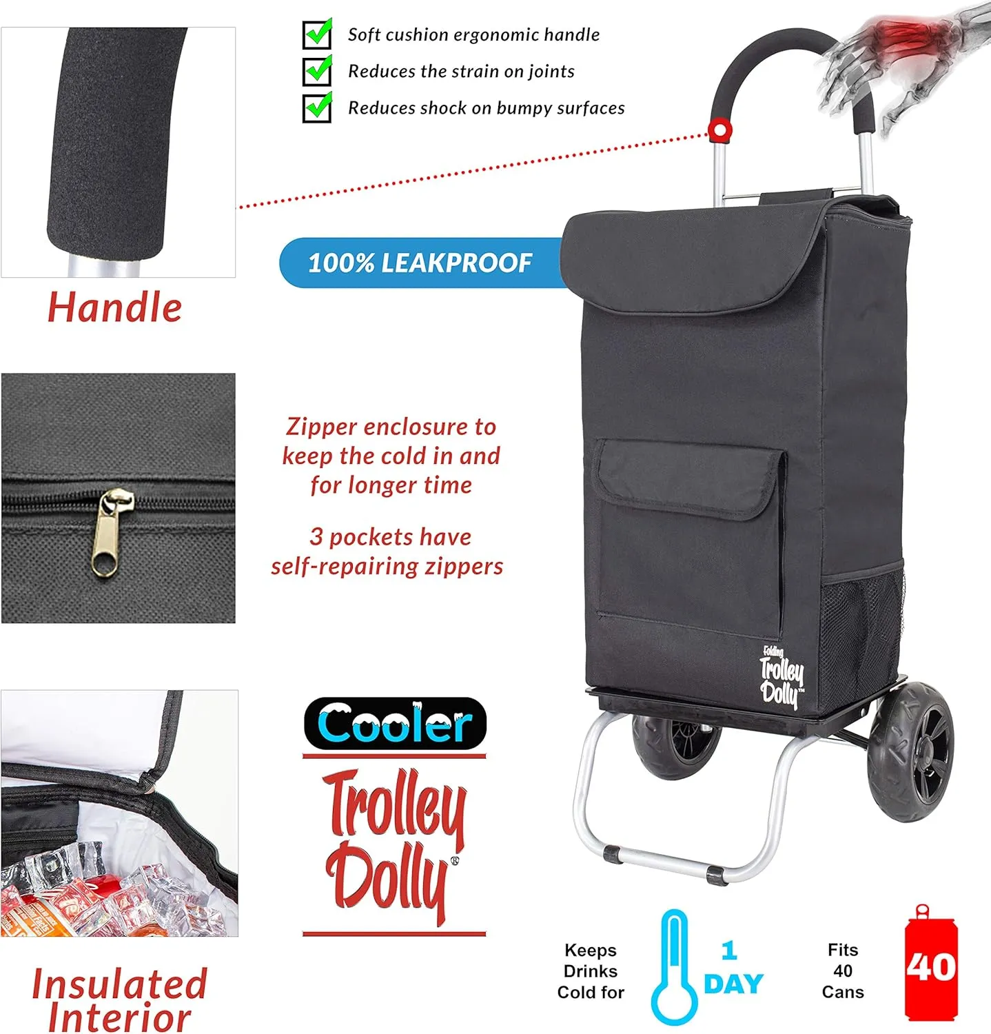 dbest products Cooler Trolley Dolly, Black Insulated cooler bag folding collapsible rolling shopping grocery tailgating bbq beer ice cart 14" x 17" x 38"
