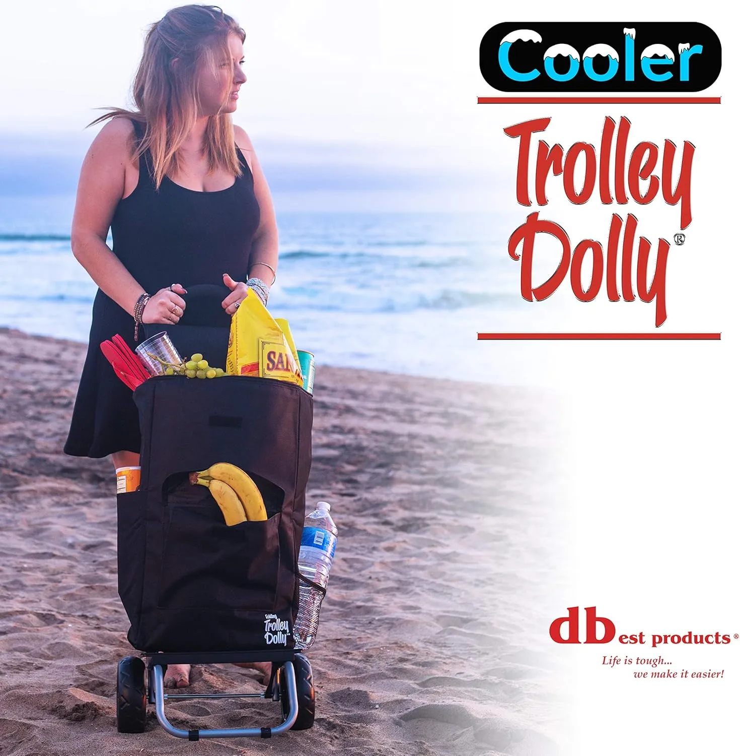 dbest products Cooler Trolley Dolly, Black Insulated cooler bag folding collapsible rolling shopping grocery tailgating bbq beer ice cart 14" x 17" x 38"