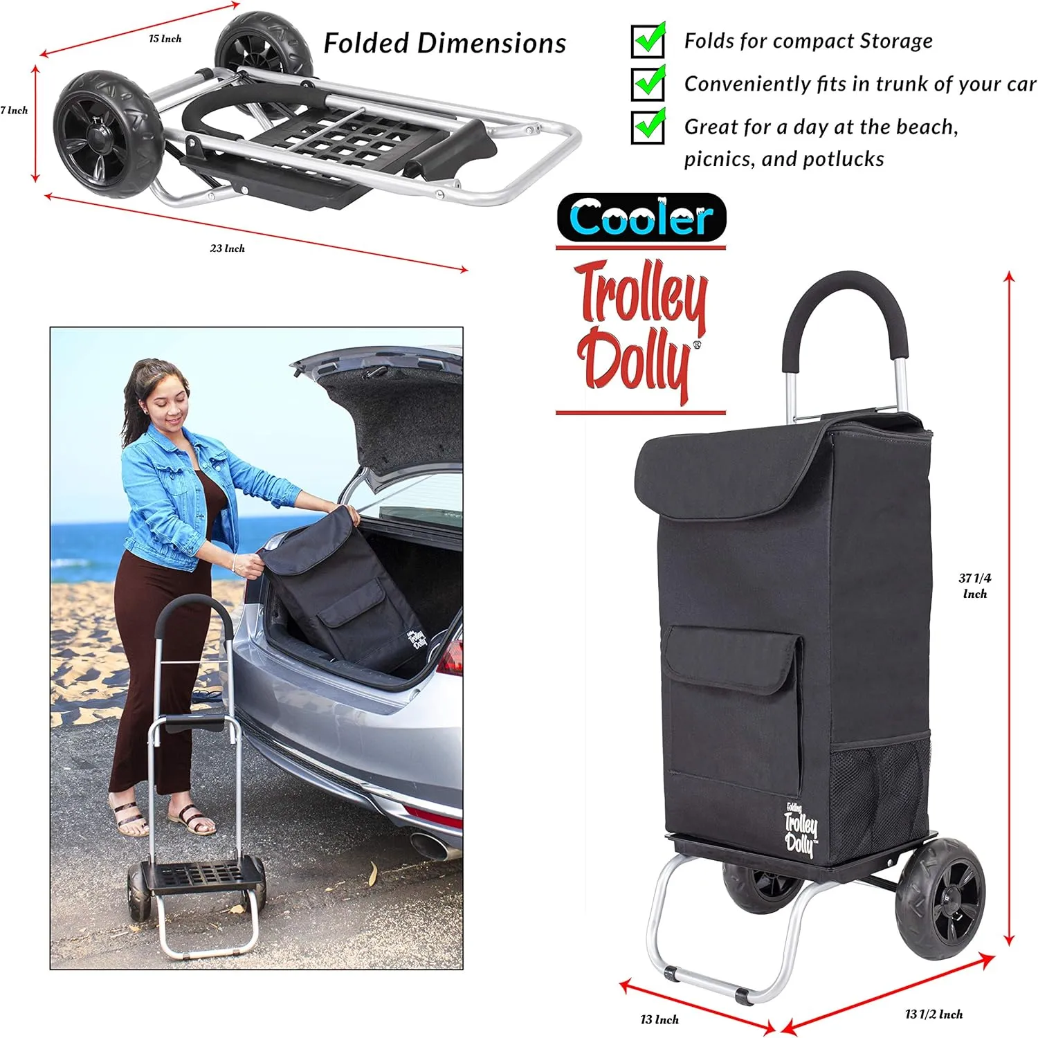 dbest products Cooler Trolley Dolly, Black Insulated cooler bag folding collapsible rolling shopping grocery tailgating bbq beer ice cart 14" x 17" x 38"
