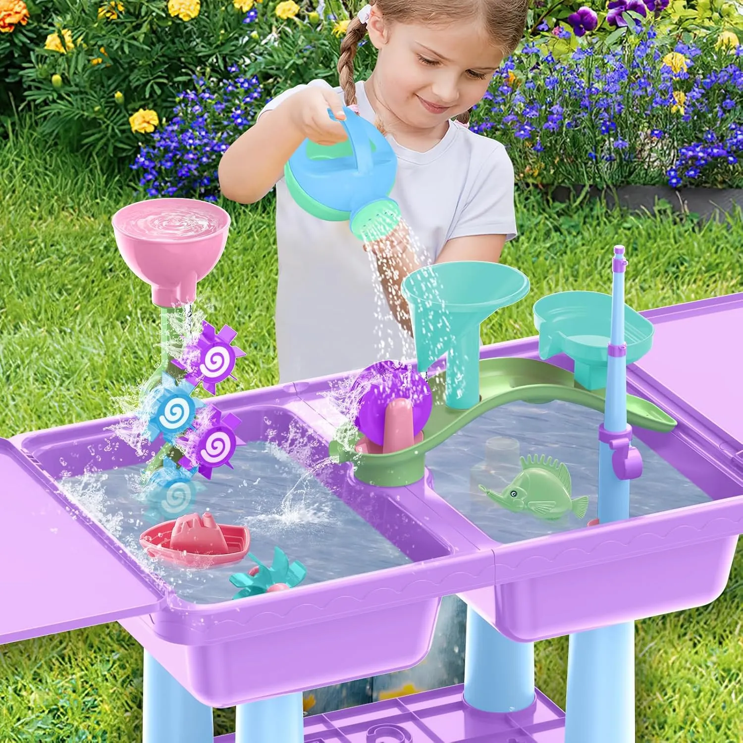 deAO Water Table for Toddlers 3-5, Kids Play Water 2 in 1 Sand and Water Table with 2 Fishing Pool Toys, Summer Outdoor Pool Backyard Toys,Birthday Party Gifts for Boys Girls (Purple)