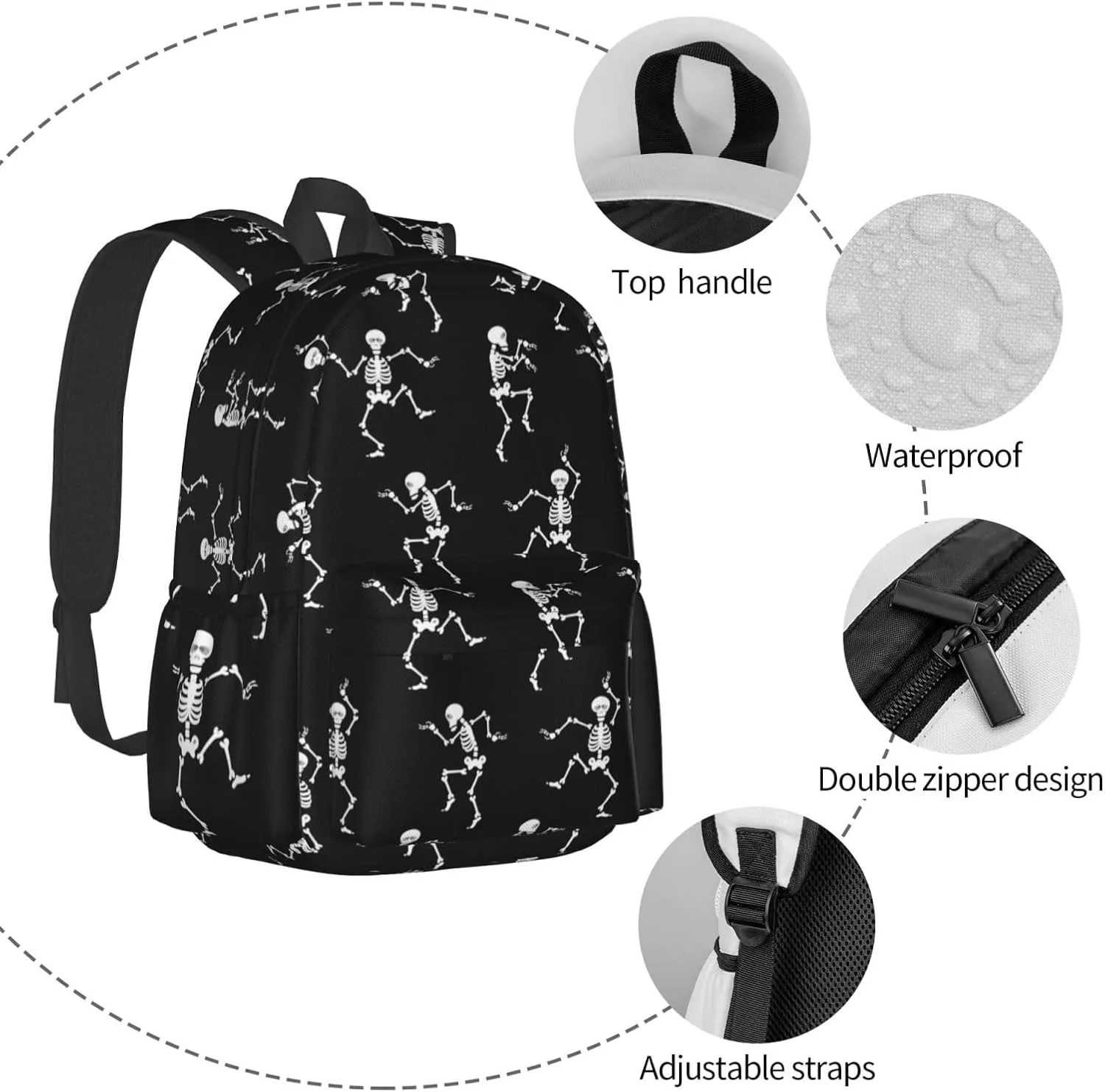 DEKIFNHG Halloween Dancing Skeleton School Backpack Casual Sports Goth Skull Bookbag Travel Laptop for Students Boys Girls