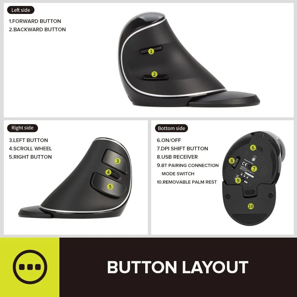 DeLUX Wireless Ergonomic Mouse with 4000DPI, Vertical Mouse with USB Receiver and BT1   BT2, 6 Buttons and Removable Palm Rest for Laptop Computer and Carpal Tunnel (M618PD-Black)