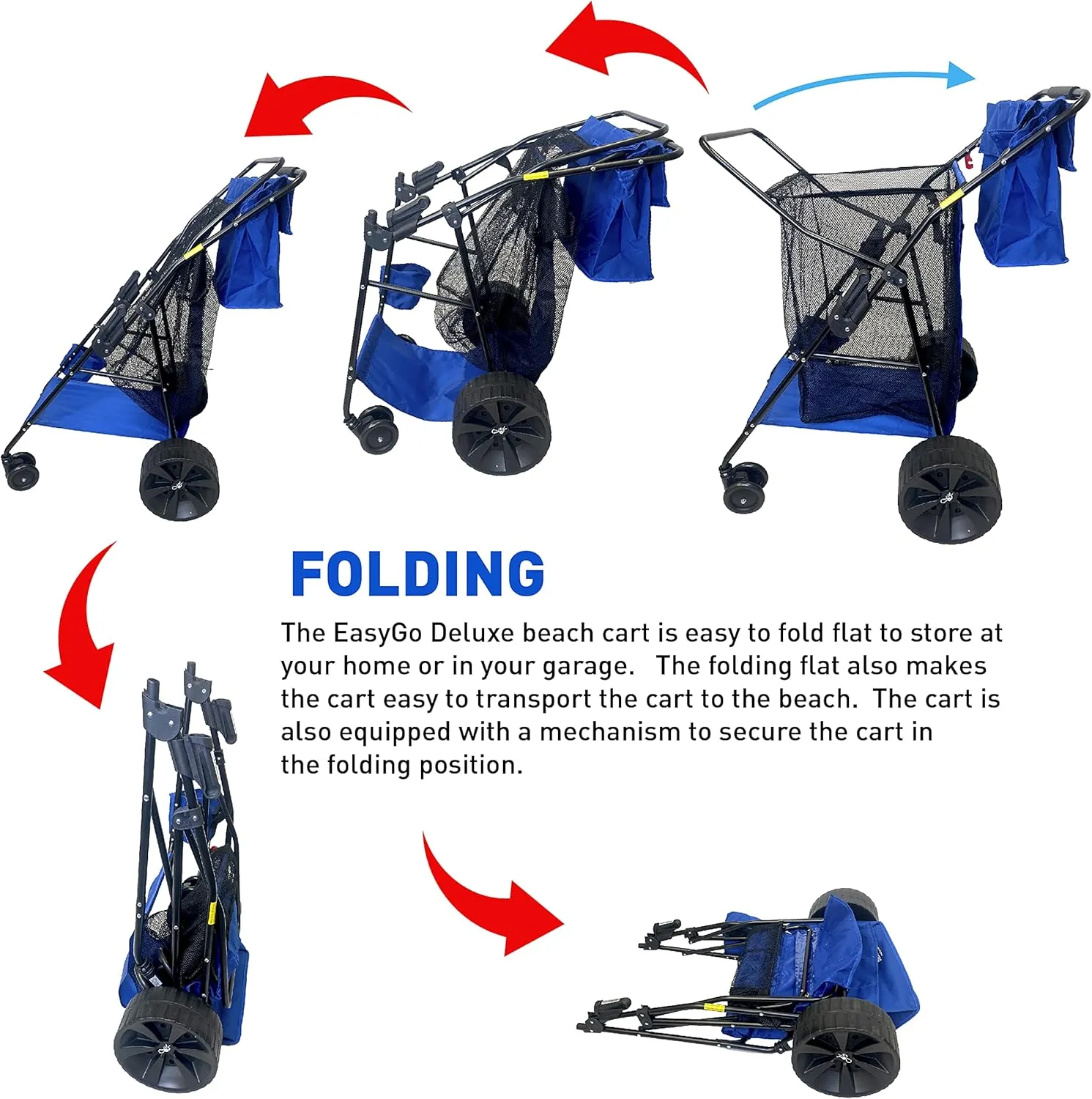 Deluxe Heavy Duty Folding Ocean Utility Cart - Large Sand Wheels - Holds 4 Chairs - Storage Pouch - Umbrella Holder - Removable Beach Bag - Solid Blue