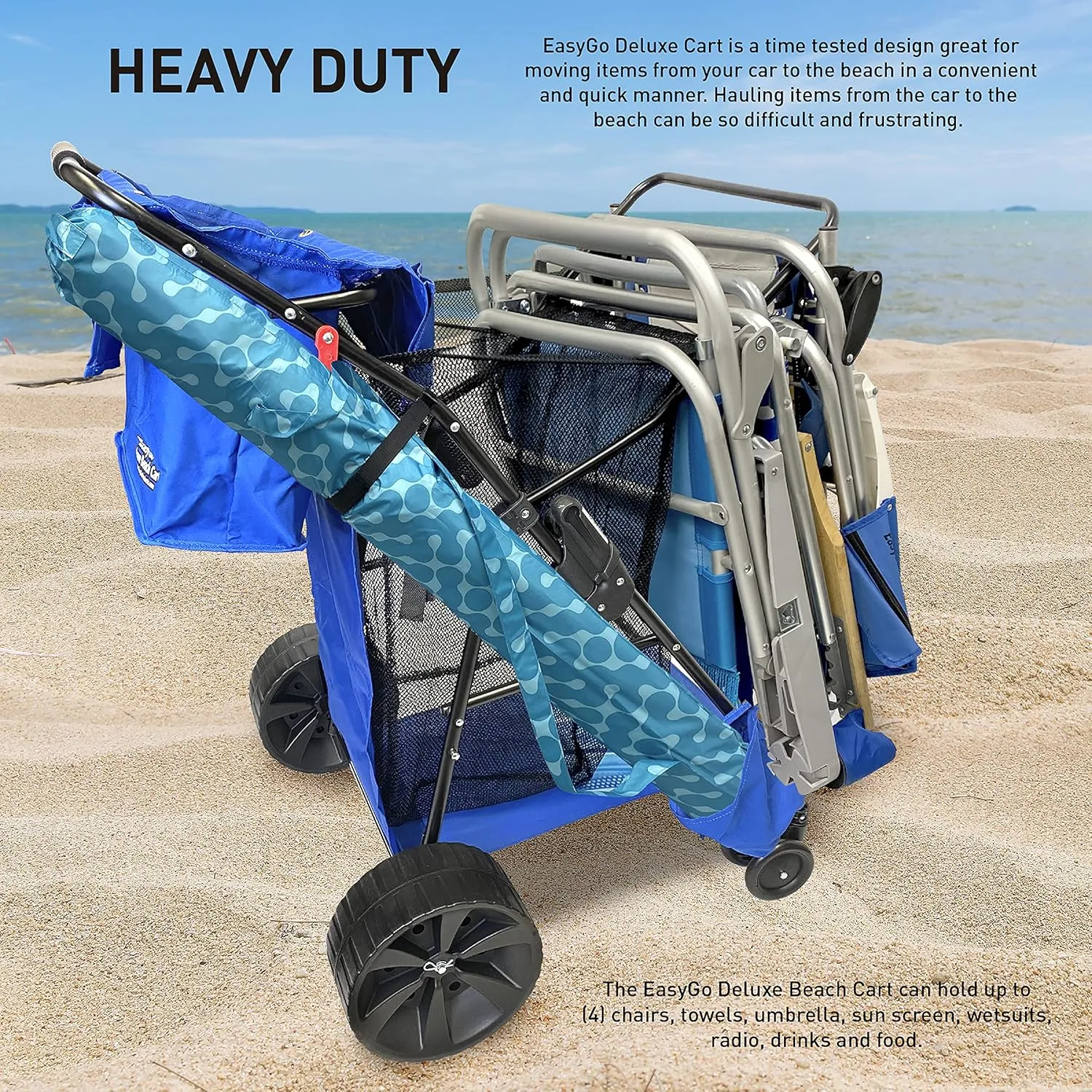 Deluxe Heavy Duty Folding Ocean Utility Cart - Large Sand Wheels - Holds 4 Chairs - Storage Pouch - Umbrella Holder - Removable Beach Bag - Solid Blue