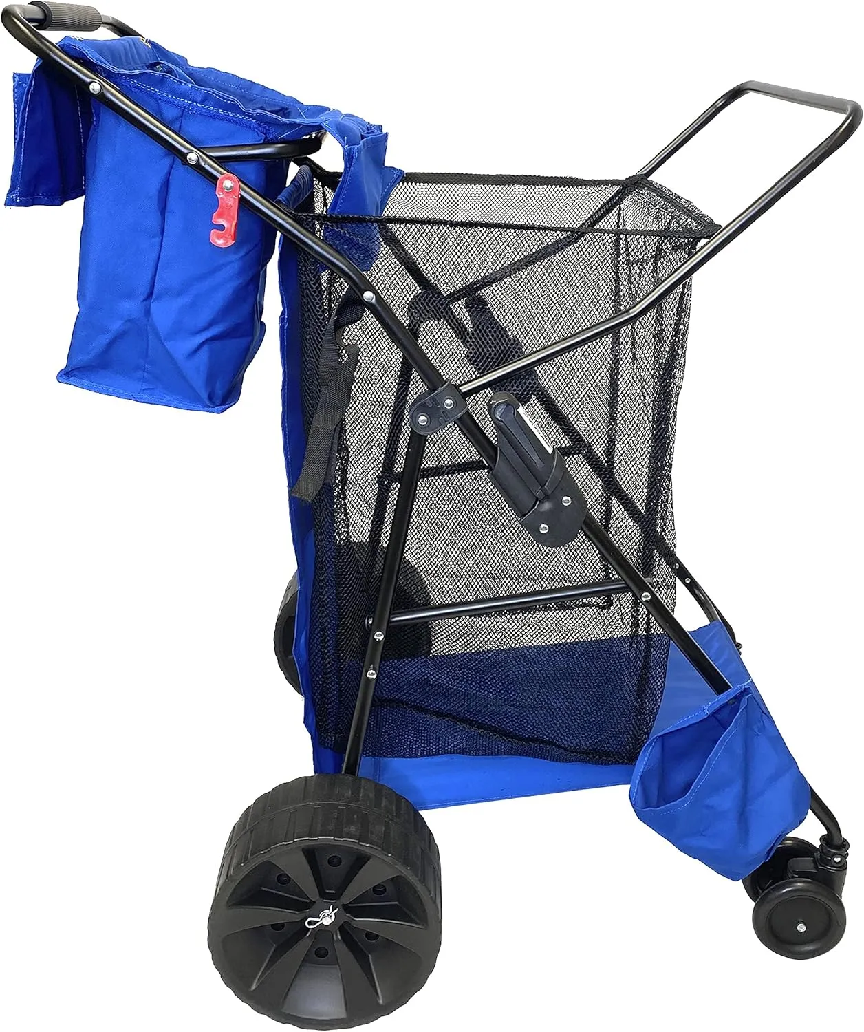 Deluxe Heavy Duty Folding Ocean Utility Cart - Large Sand Wheels - Holds 4 Chairs - Storage Pouch - Umbrella Holder - Removable Beach Bag - Solid Blue