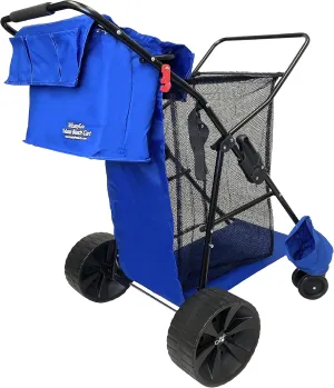 Deluxe Heavy Duty Folding Ocean Utility Cart - Large Sand Wheels - Holds 4 Chairs - Storage Pouch - Umbrella Holder - Removable Beach Bag - Solid Blue