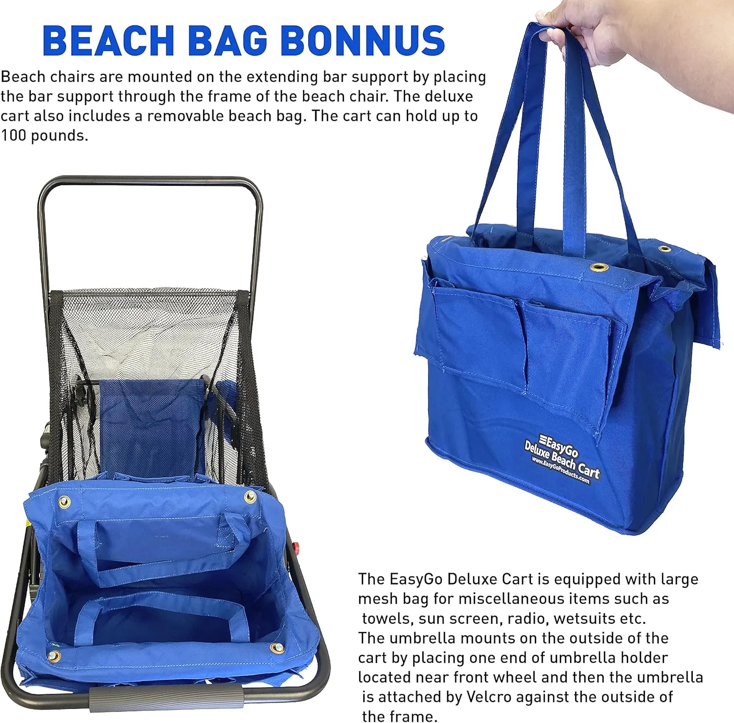 Deluxe Heavy Duty Folding Ocean Utility Cart - Large Sand Wheels - Holds 4 Chairs - Storage Pouch - Umbrella Holder - Removable Beach Bag - Solid Blue