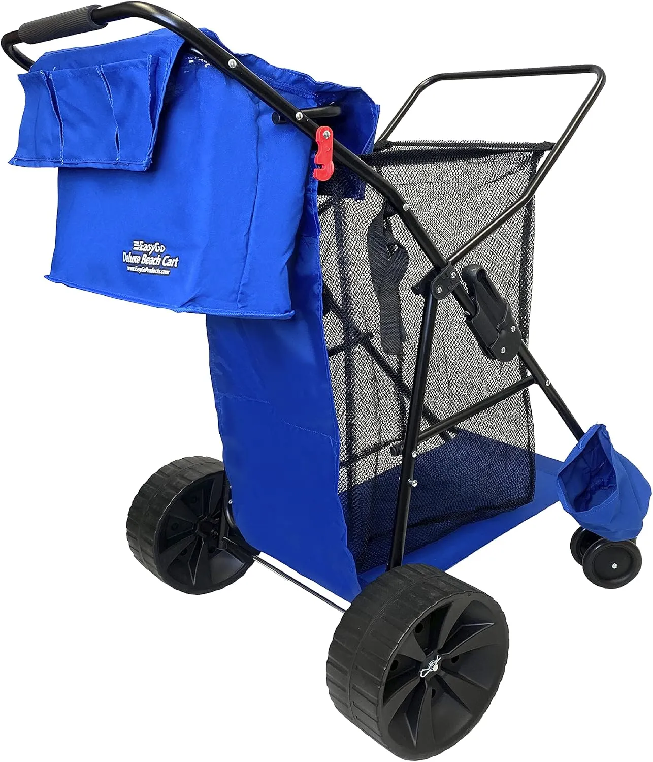 Deluxe Heavy Duty Folding Ocean Utility Cart - Large Sand Wheels - Holds 4 Chairs - Storage Pouch - Umbrella Holder - Removable Beach Bag - Solid Blue
