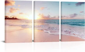 Derkymo 3 Pieces Pink Beach Canvas Wall Art Coastal Sunset Landscape Pictures Print Modern Seascape Artwork for Home Decoration Stretched and Framed Ready to Hang (16Wx24Lx3PCS)