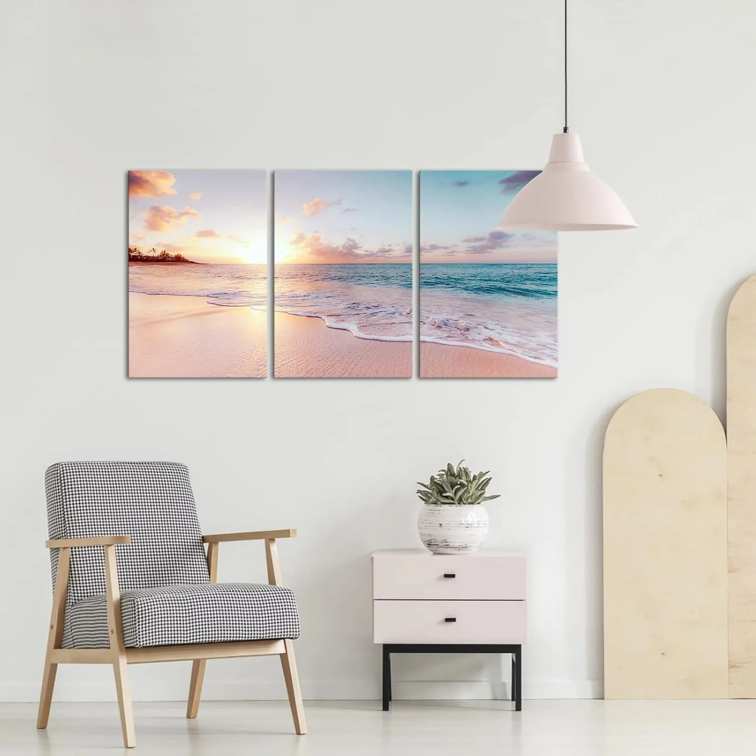 Derkymo 3 Pieces Pink Beach Canvas Wall Art Coastal Sunset Landscape Pictures Print Modern Seascape Artwork for Home Decoration Stretched and Framed Ready to Hang (16Wx24Lx3PCS)