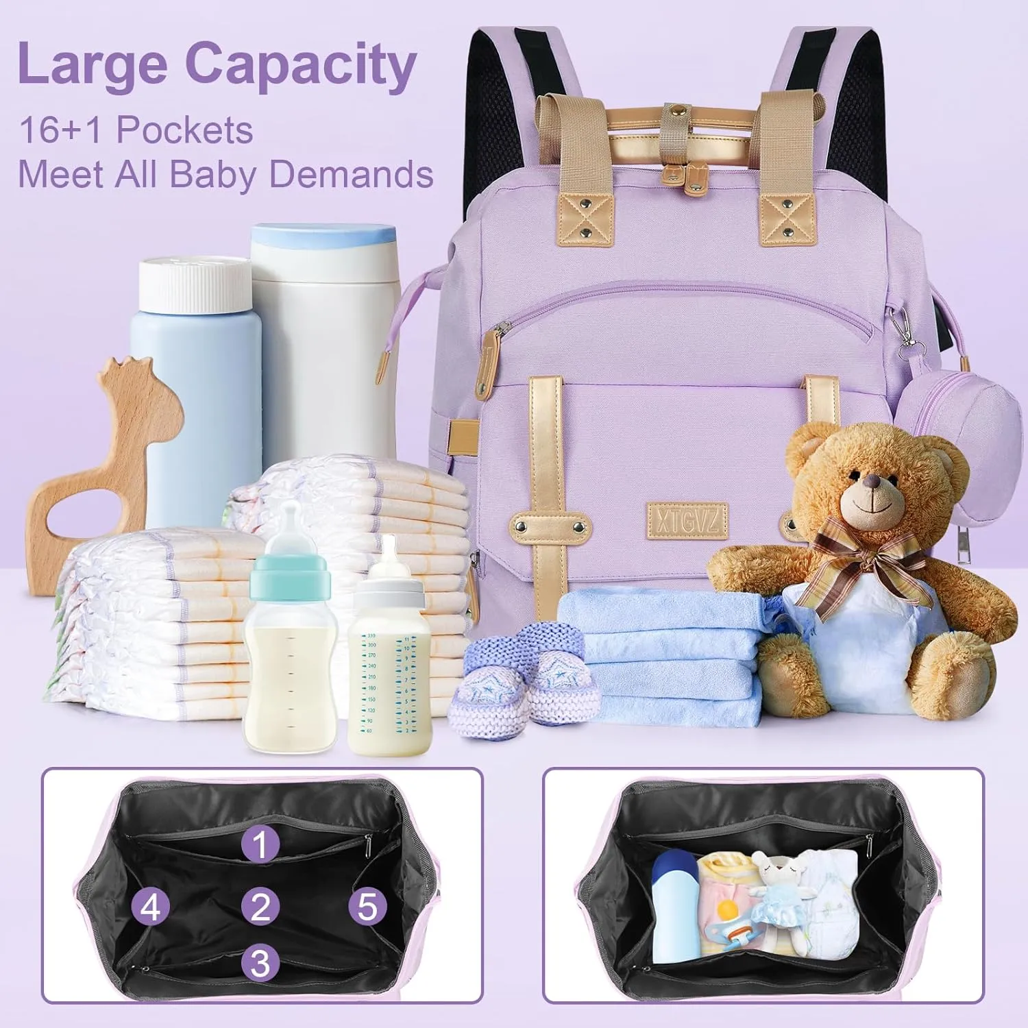 Diaper Bag Backpack Baby Bag,Waterproof Multi Function Baby Backpack, bag with USB Charging Port, Travel Diaper Bag with Changing Pad,Unisex Stylish Travel Back Pack for Moms(Purple)