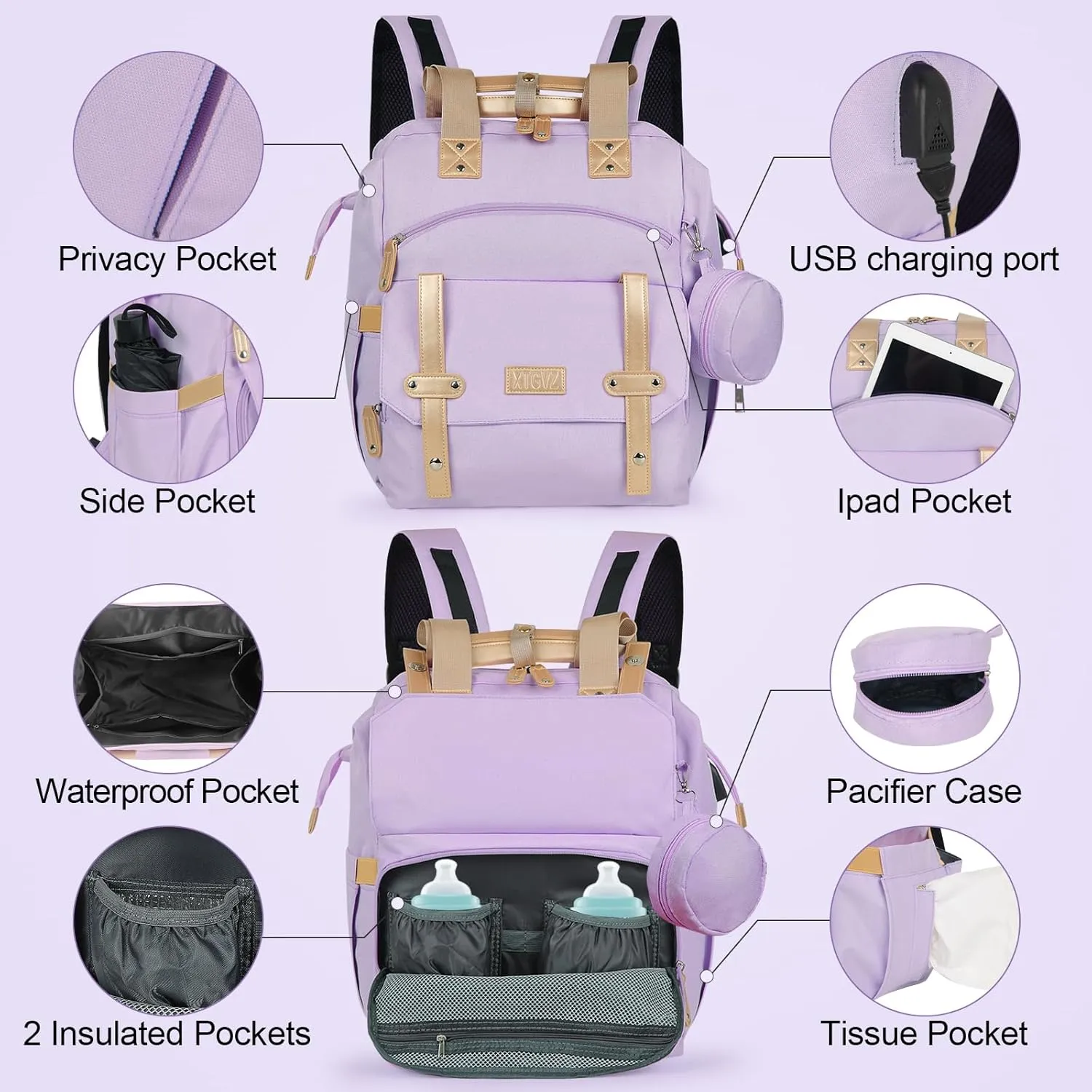 Diaper Bag Backpack Baby Bag,Waterproof Multi Function Baby Backpack, bag with USB Charging Port, Travel Diaper Bag with Changing Pad,Unisex Stylish Travel Back Pack for Moms(Purple)