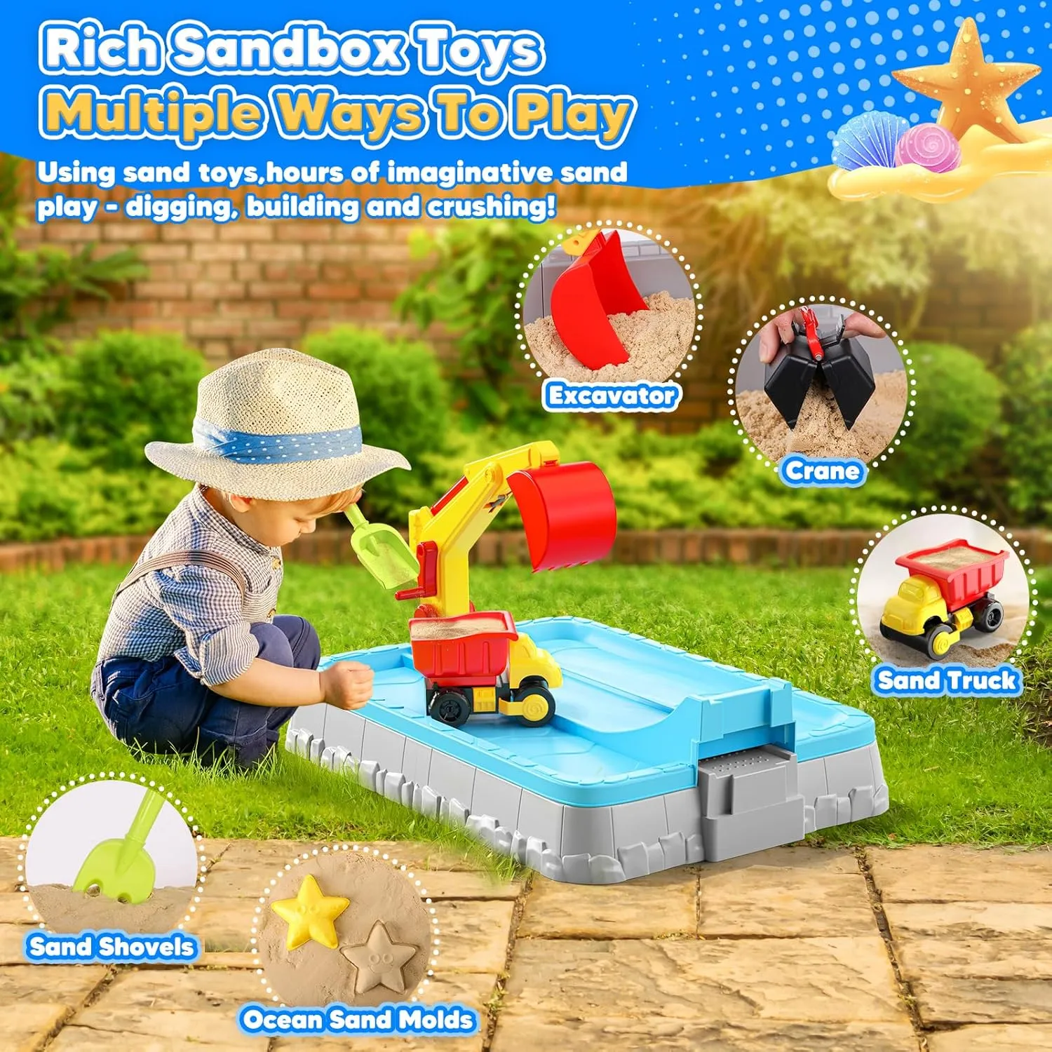 Dirt Diggers Excavator Sandbox for Kids, Construction-Themed Toddler Sand Box with Lid Indoor Outdoor Sand Activity Sensory Set-Dump Truck, Excavator, Crane 8PCS Beach Toys Summer Gifts for Boy Girl