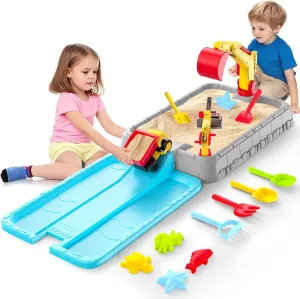Dirt Diggers Excavator Sandbox for Kids, Construction-Themed Toddler Sand Box with Lid Indoor Outdoor Sand Activity Sensory Set-Dump Truck, Excavator, Crane 8PCS Beach Toys Summer Gifts for Boy Girl