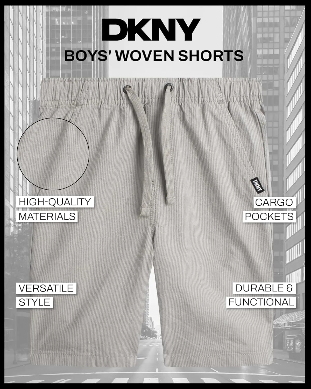 DKNY Boys Shorts - Pull On Woven Stripe Shorts for Boys with Side Pockets and Elastic Waistband (Sizes: 8-20)