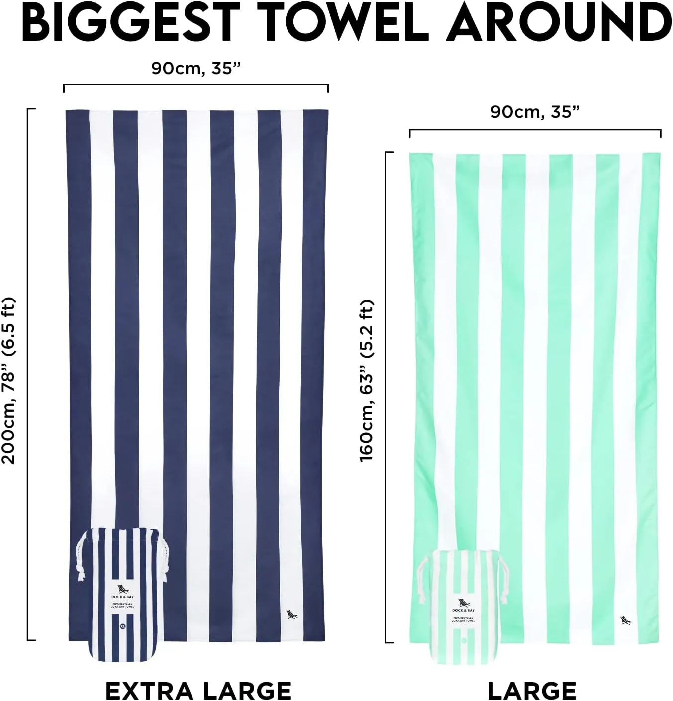 Dock & Bay Beach Towel - Quick Dry, Sand Free - Compact, Lightweight - 100% Recycled - Includes Bag - Cabana - Bondi Blue - Extra Large (200x90cm, 78x35)