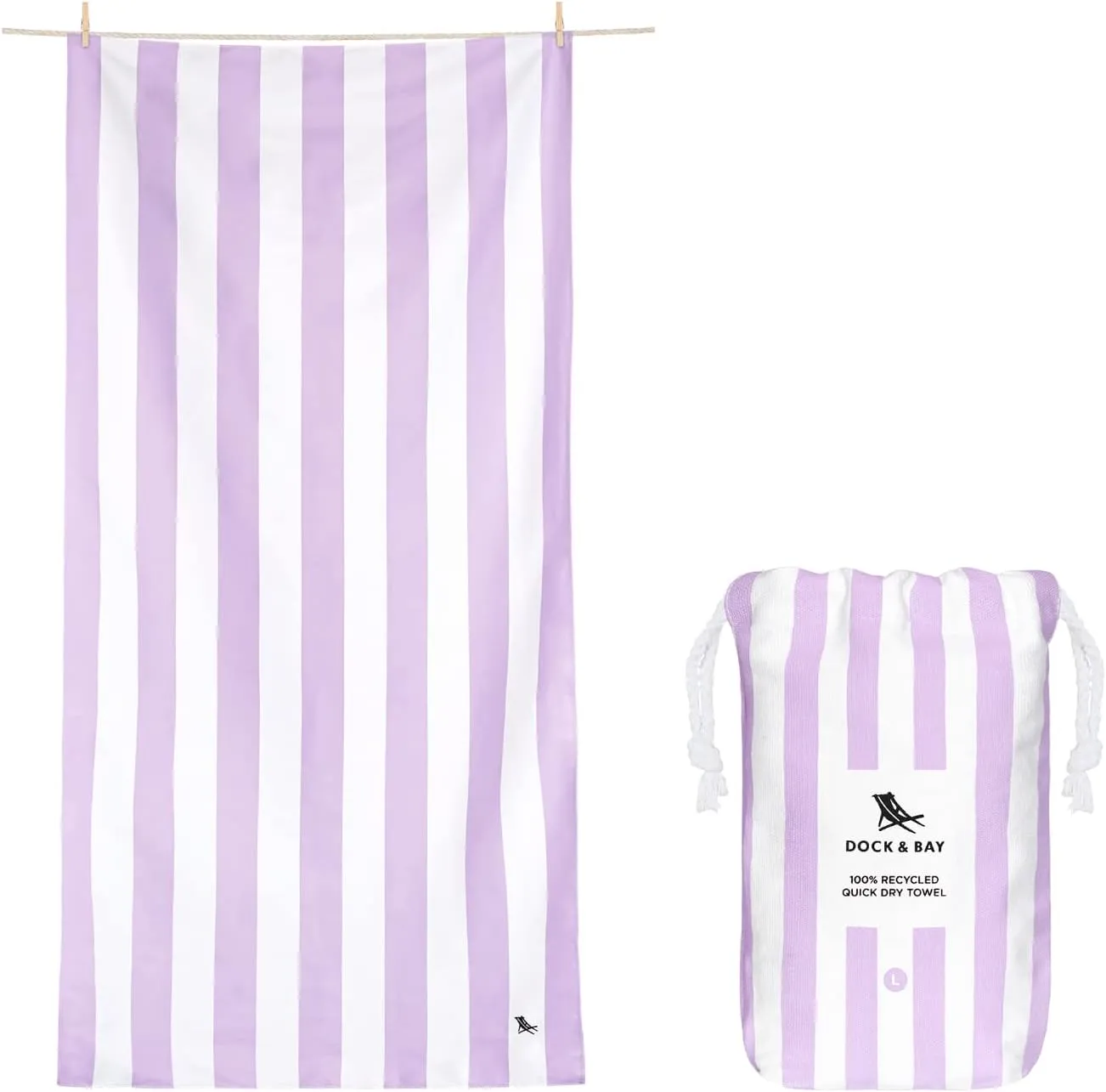 Dock & Bay Beach Towel - Quick Dry, Sand Free - Compact, Lightweight - 100% Recycled - Includes Bag - Cabana Light - Lombok Lilac - Large (160x90cm, 63x35)