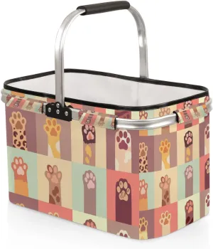 Dog Cat Paw Topics Collapsible Market Basket Portable Shopping Baskets Heavy Duty Large Grocery Bags Folding Picnic Basket with Handles for Travel Shopping Camping Storage Beach
